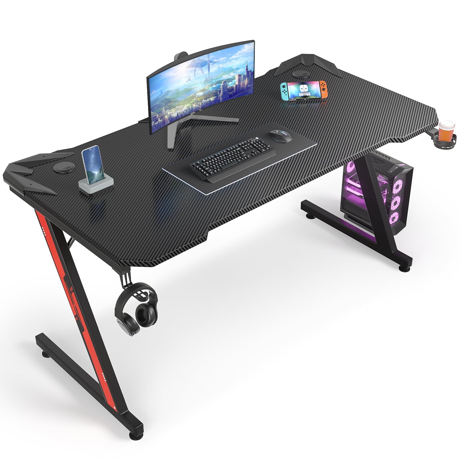 Homall Z-Shaped Gaming Desk Carbon Fiber Surface Desk with Cup Holder & Headphone Hook