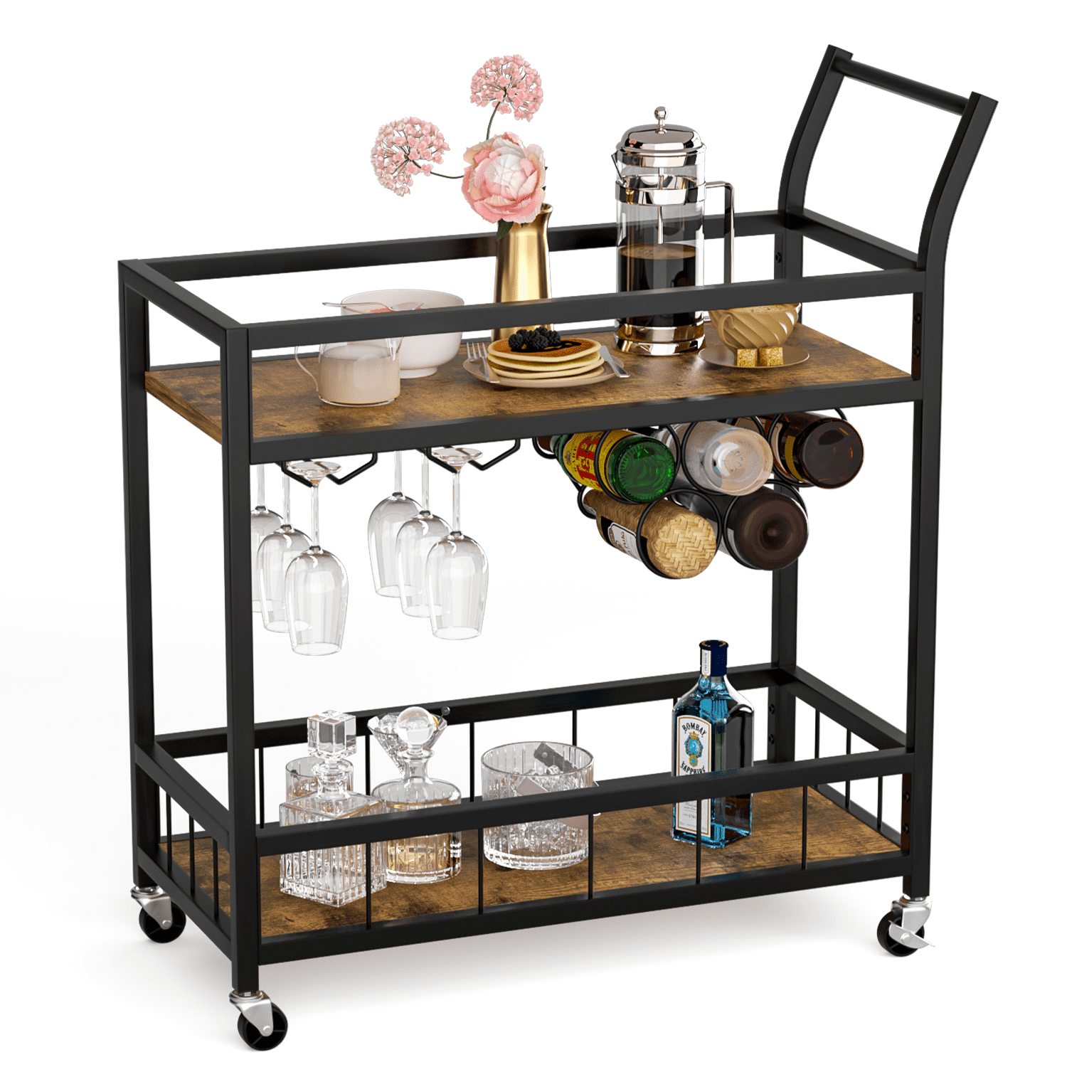 Bar Cart Home Industrial Mobile Bar Cart with Wine Rack, Kitchen, sale Party, Black