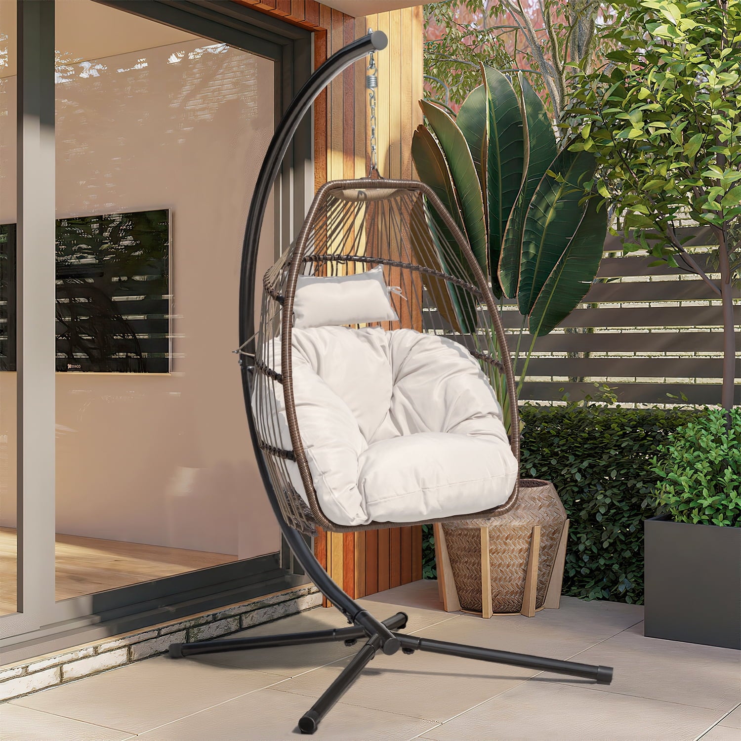 Homall Indoor Outdoor Patio Wicker Swing Egg Chair Hammock Chair Hanging Chair UV Resistant Cushions with Stand for Patio Porch Lounge Bedroom Balcony Garden Backyard