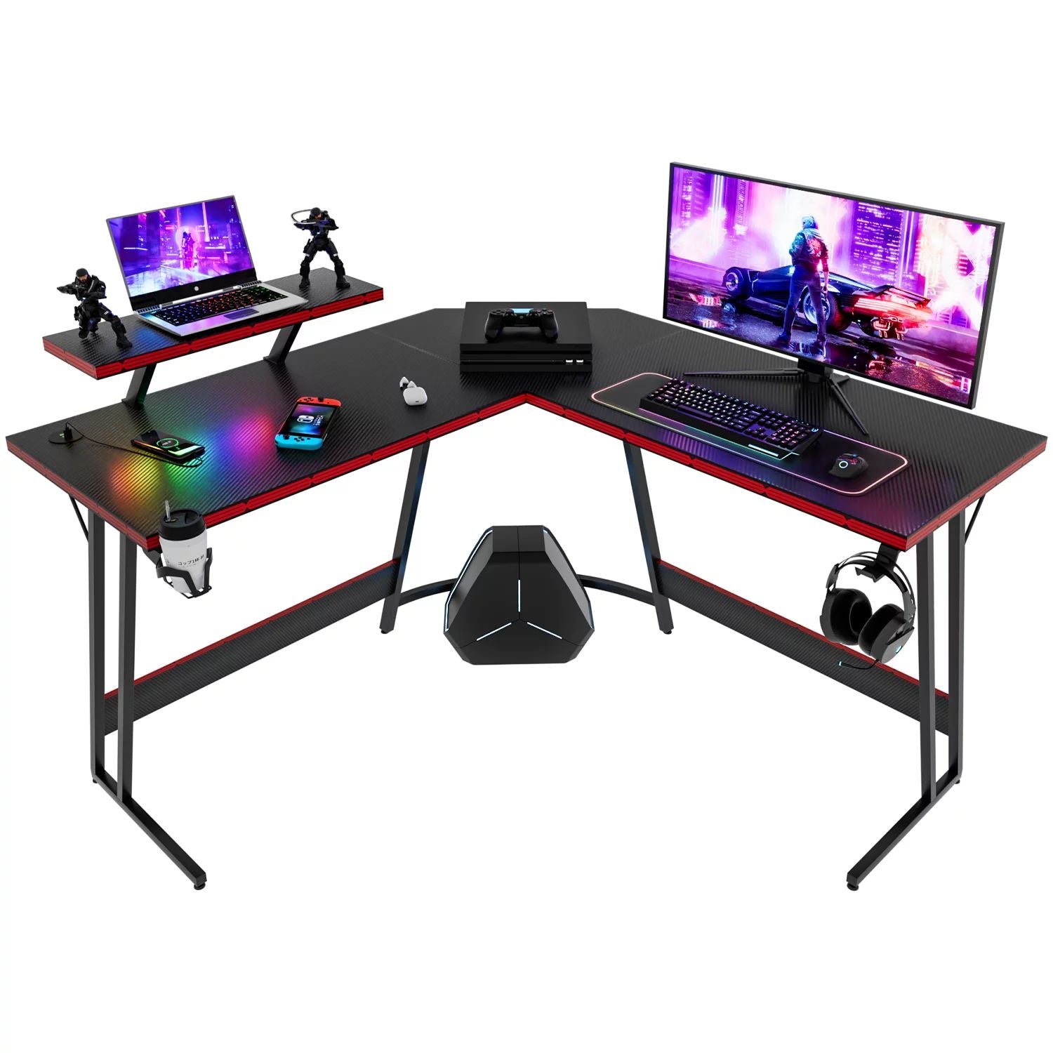 Homall L-Shaped Gaming Desk 51 Inches Corner Office Gaming Desk Removable Monitor Riser Desk with LED Strip & Power Outlets, Black