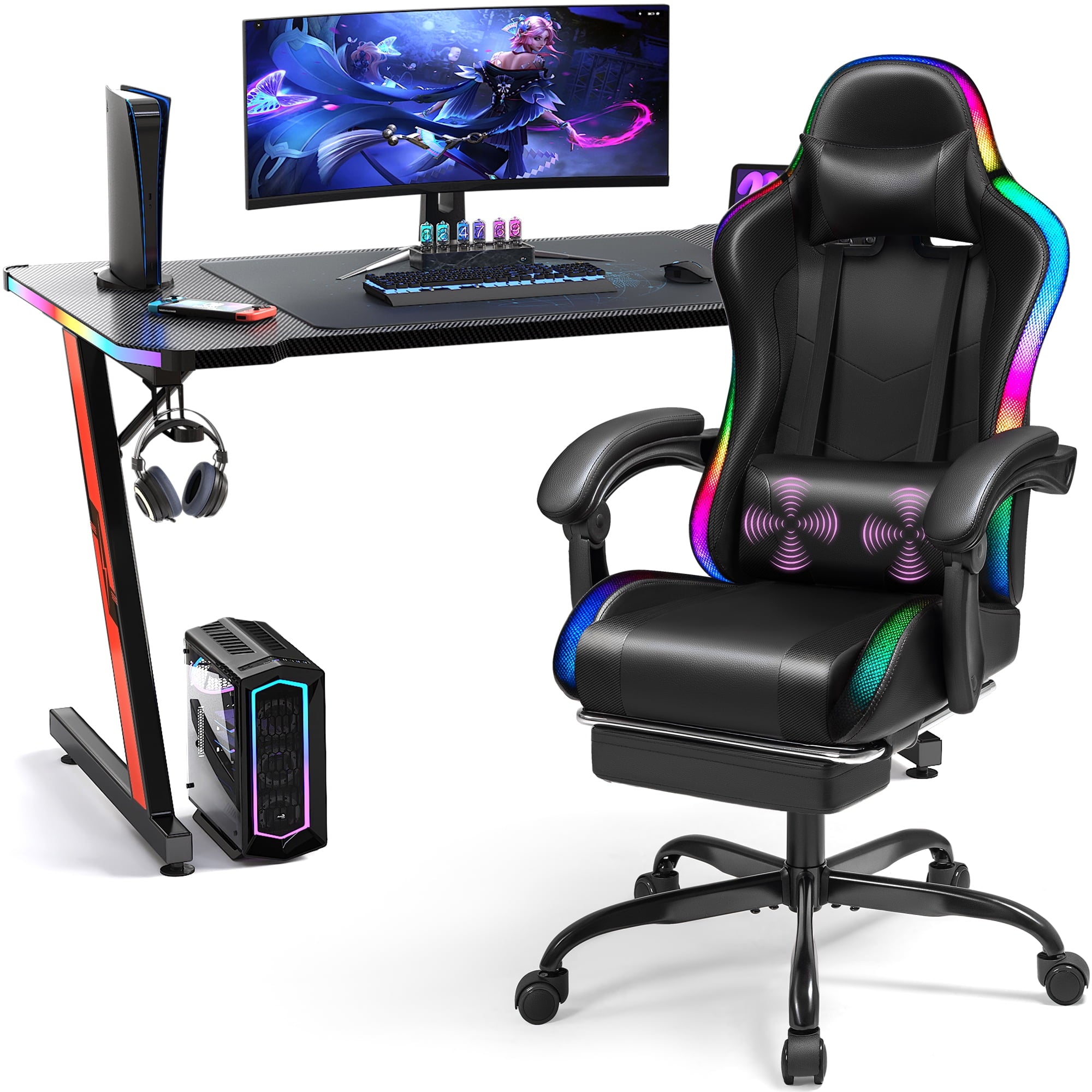 Homall RGB Gaming Desk and Chair Set, Carbon Fiber Desktop Z-Shape Table Massage Ergonomics Racing Chair E-Sports LED Lights Chair RGB Gaming Set