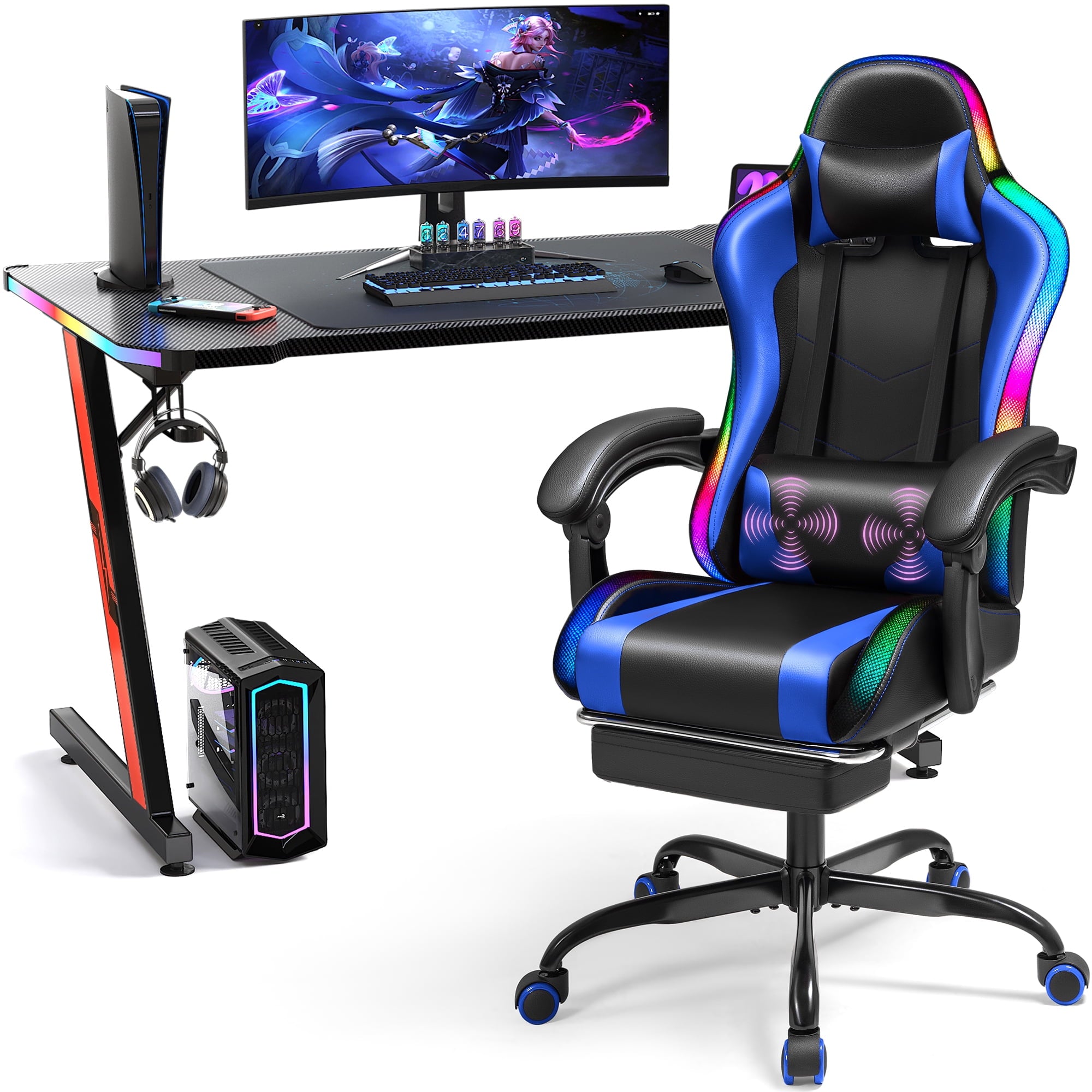 Homall RGB Gaming Desk and Chair Set, Carbon Fiber Desktop Z-Shape Table Massage Ergonomics Racing Chair E-Sports LED Lights Chair RGB Gaming Set