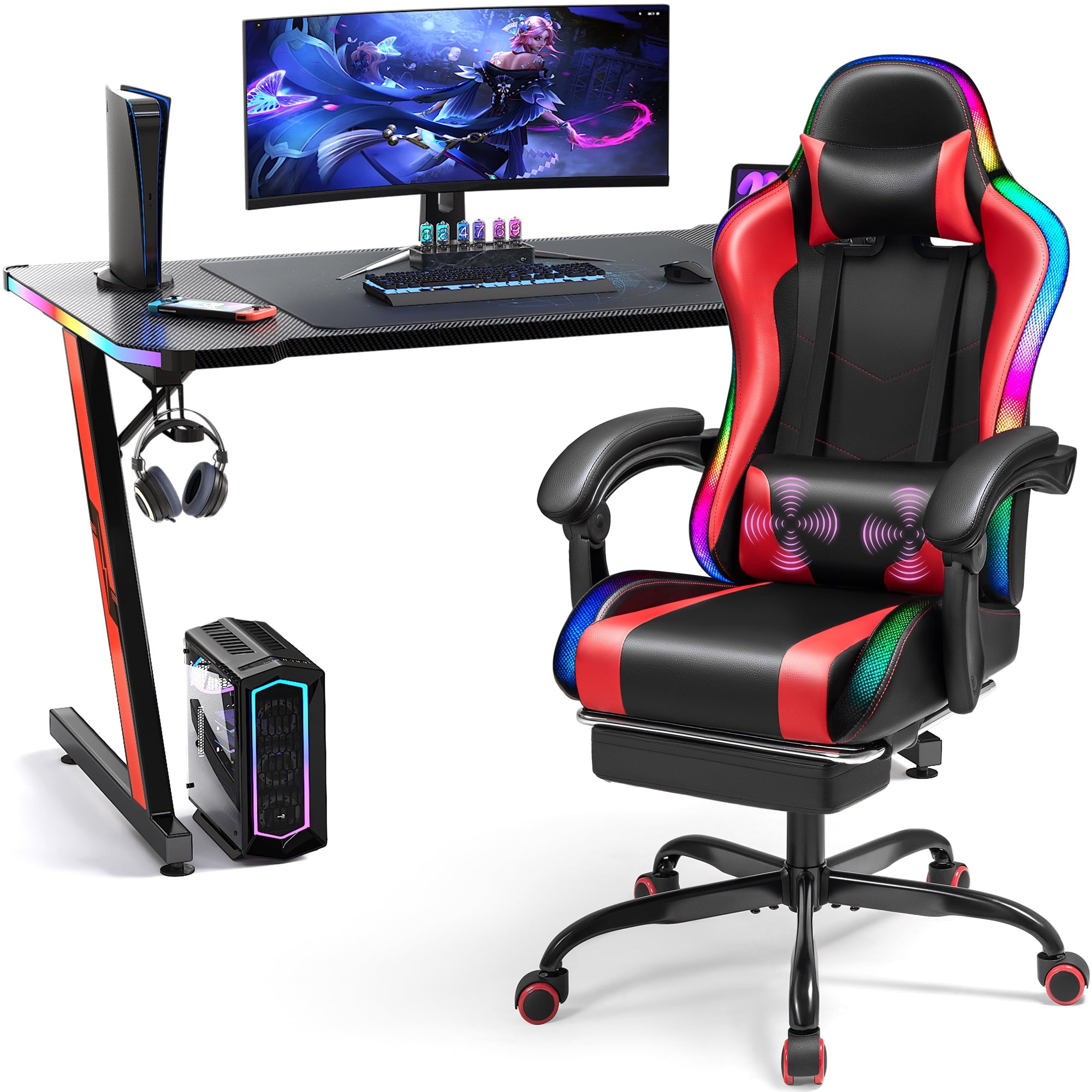 Homall RGB Gaming Desk and Chair Set, Carbon Fiber Desktop Z-Shape Table Massage Ergonomics Racing Chair E-Sports LED Lights Chair RGB Gaming Set