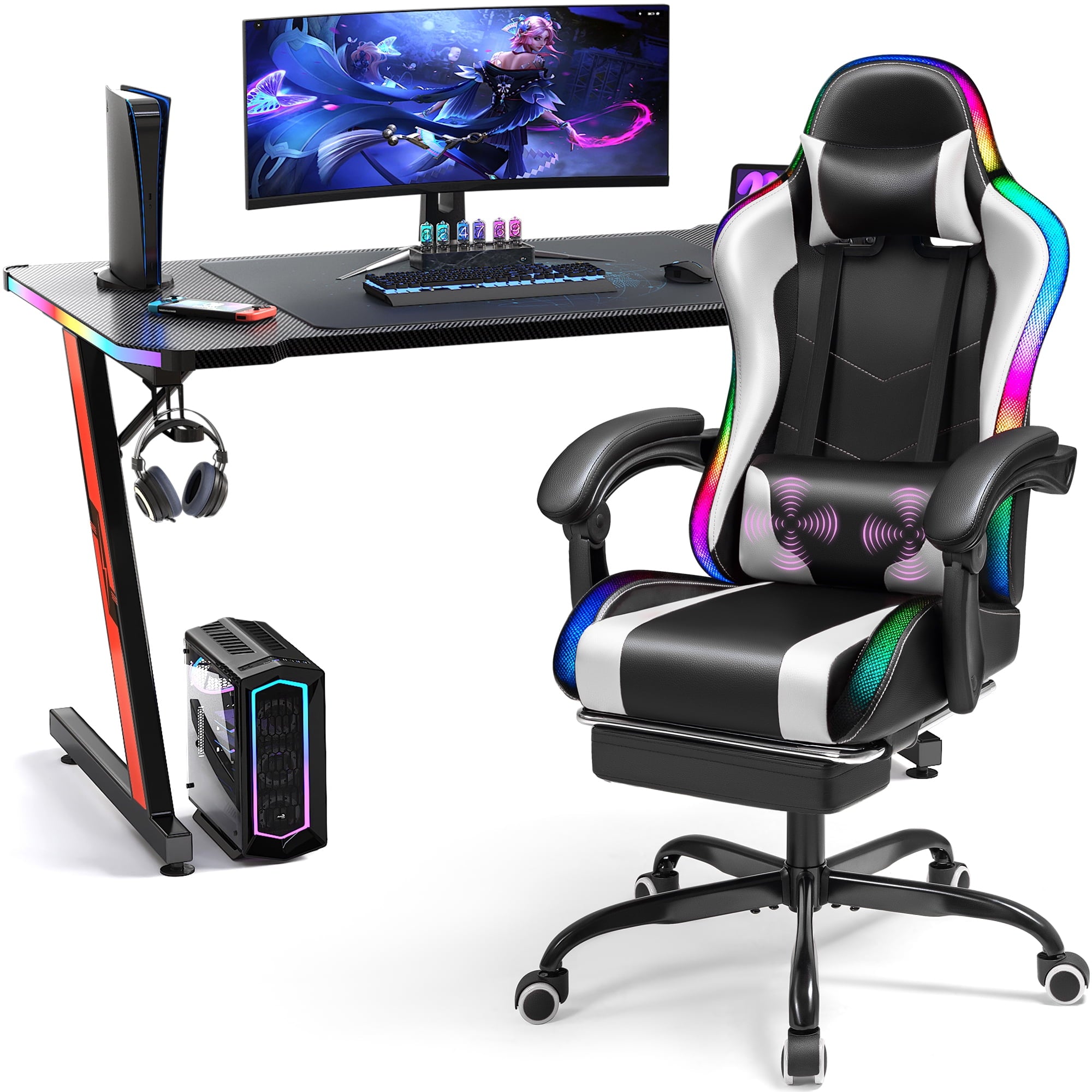 Homall RGB Gaming Desk and Chair Set, Carbon Fiber Desktop Z-Shape Table Massage Ergonomics Racing Chair E-Sports LED Lights Chair RGB Gaming Set
