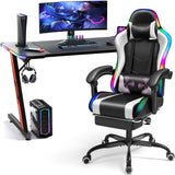 Homall RGB Gaming Desk and Chair Set, Carbon Fiber Desktop Z-Shape Table Massage Ergonomics Racing Chair E-Sports LED Lights Chair RGB Gaming Set