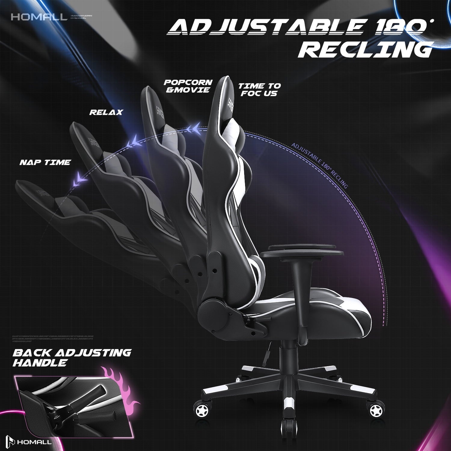 Homall Lumbar Support & Adjustable Swivel Gaming Chair, White