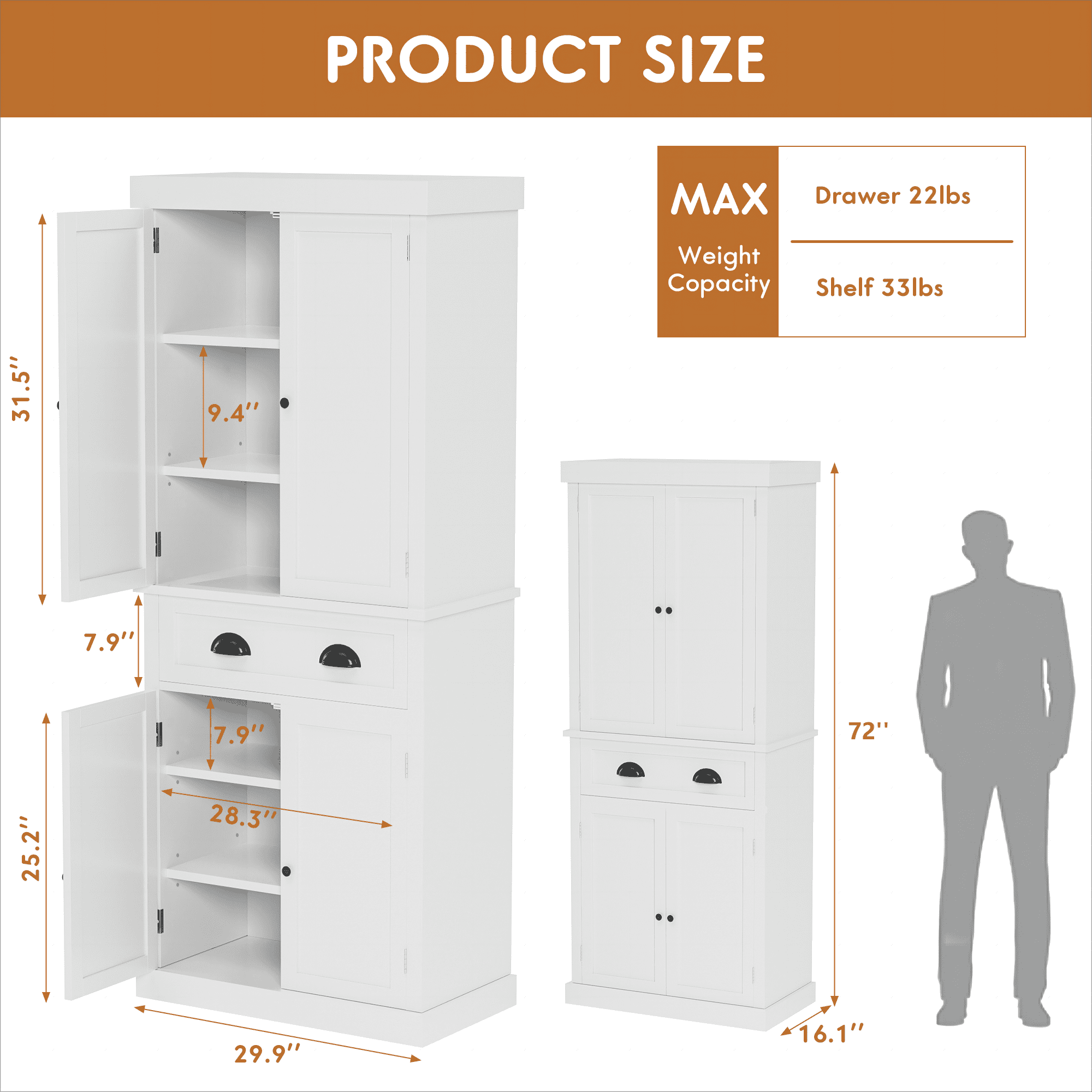 Homall 72 "H Kitchen Storage Cabinet, Multi-Shelf Storage Cabinet with Storage Drawers Storage Cabinet for Kitchen and Living Room,White