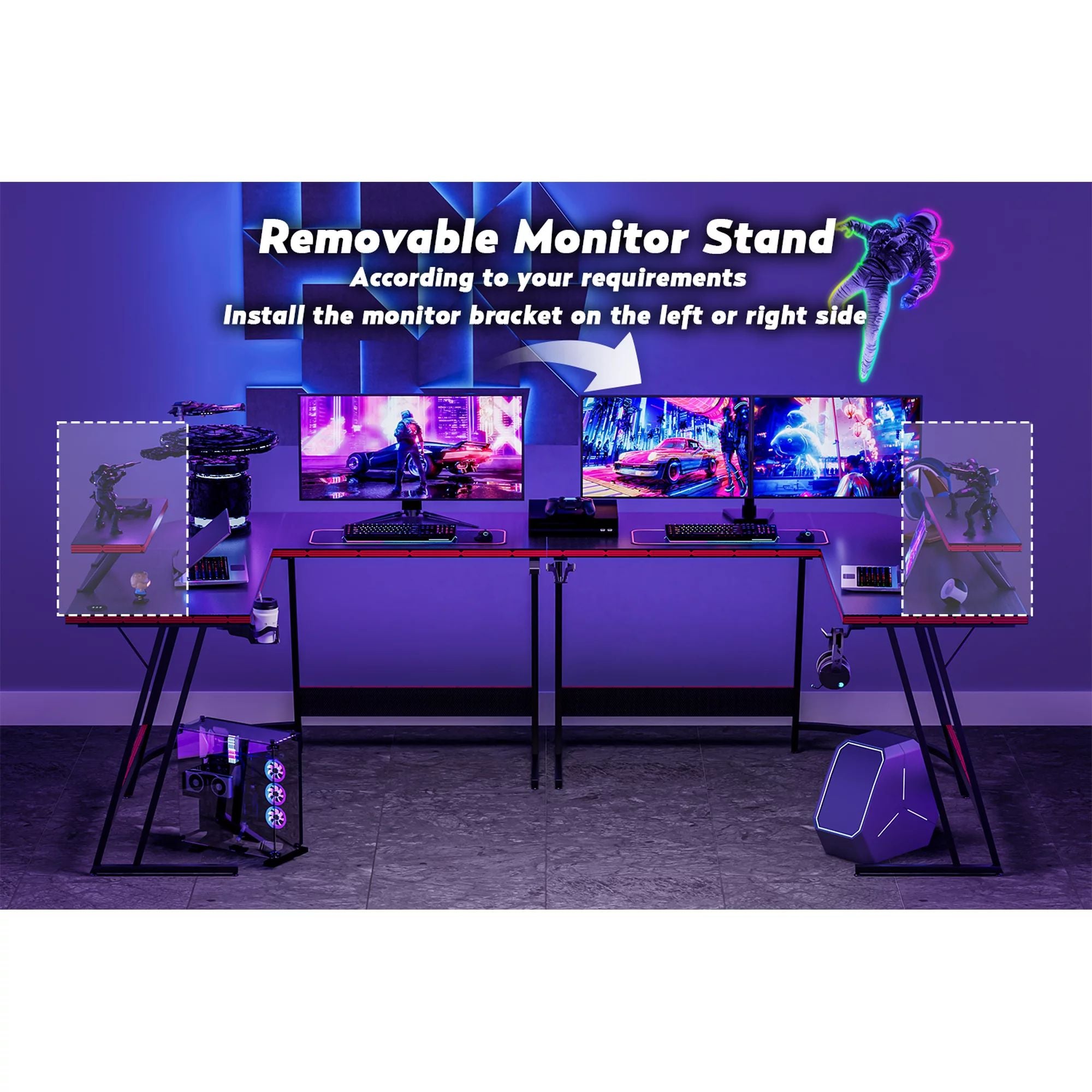 Homall L-Shaped Gaming Desk 51 Inches Corner Office Gaming Desk Removable Monitor Riser Desk with LED Strip & Power Outlets, Black