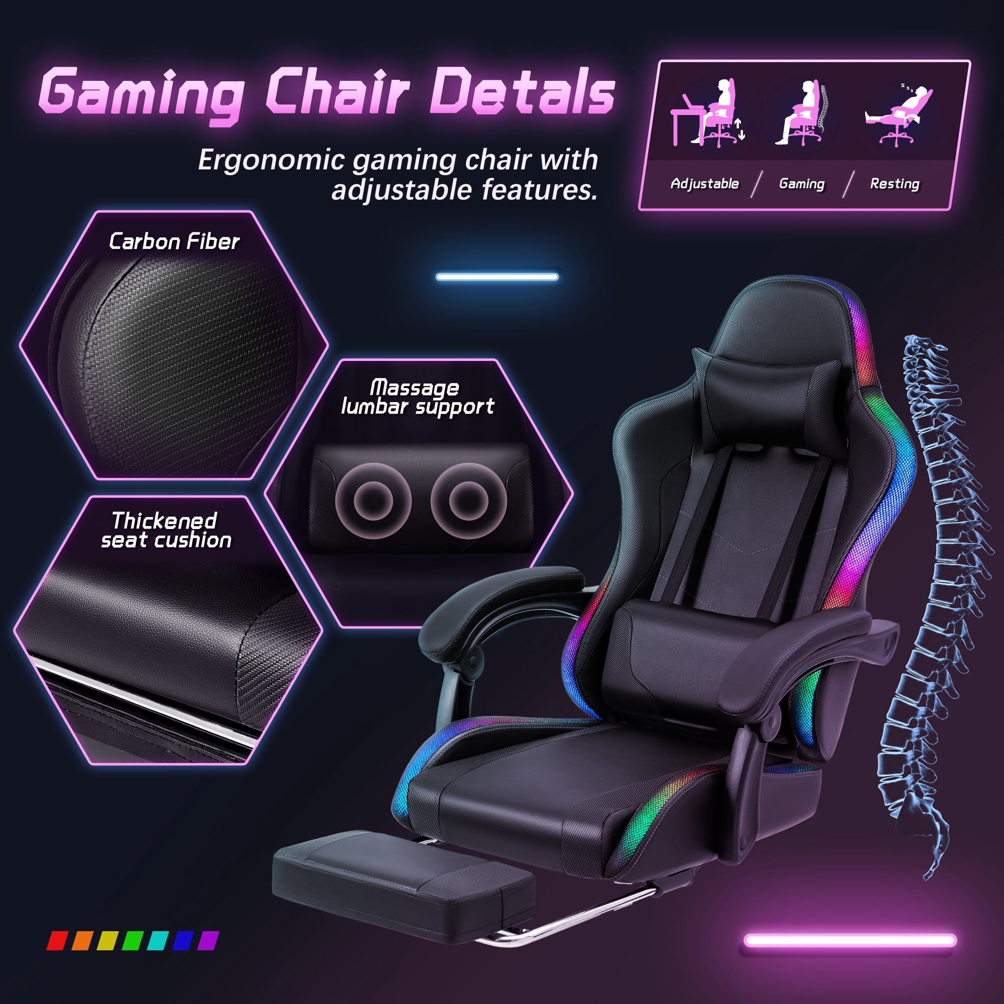 Homall RGB Gaming Desk and Chair Set, Carbon Fiber Desktop Z-Shape Table Massage Ergonomics Racing Chair E-Sports LED Lights Chair RGB Gaming Set