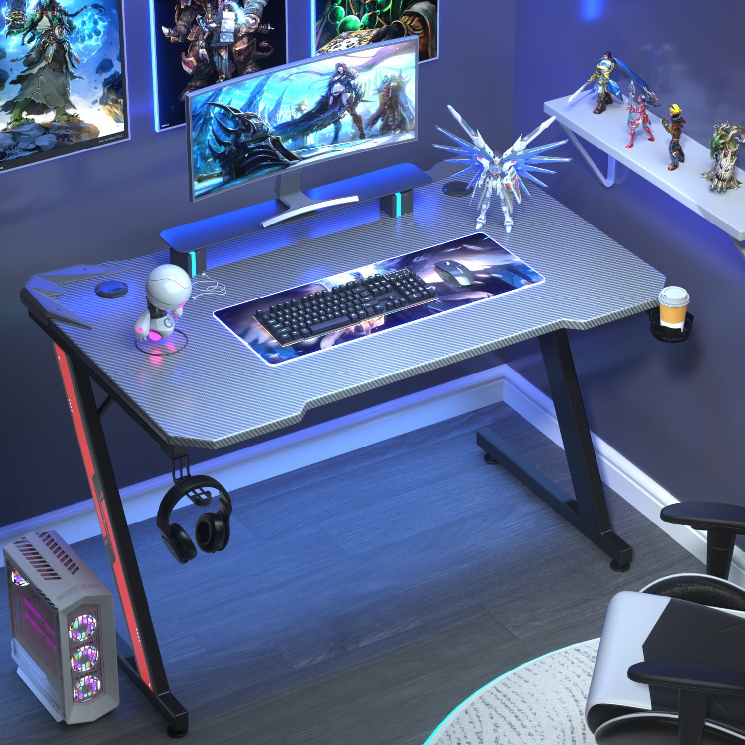 Homall Z-Shaped Gaming Desk Carbon Fiber Surface Desk with Cup Holder & Headphone Hook