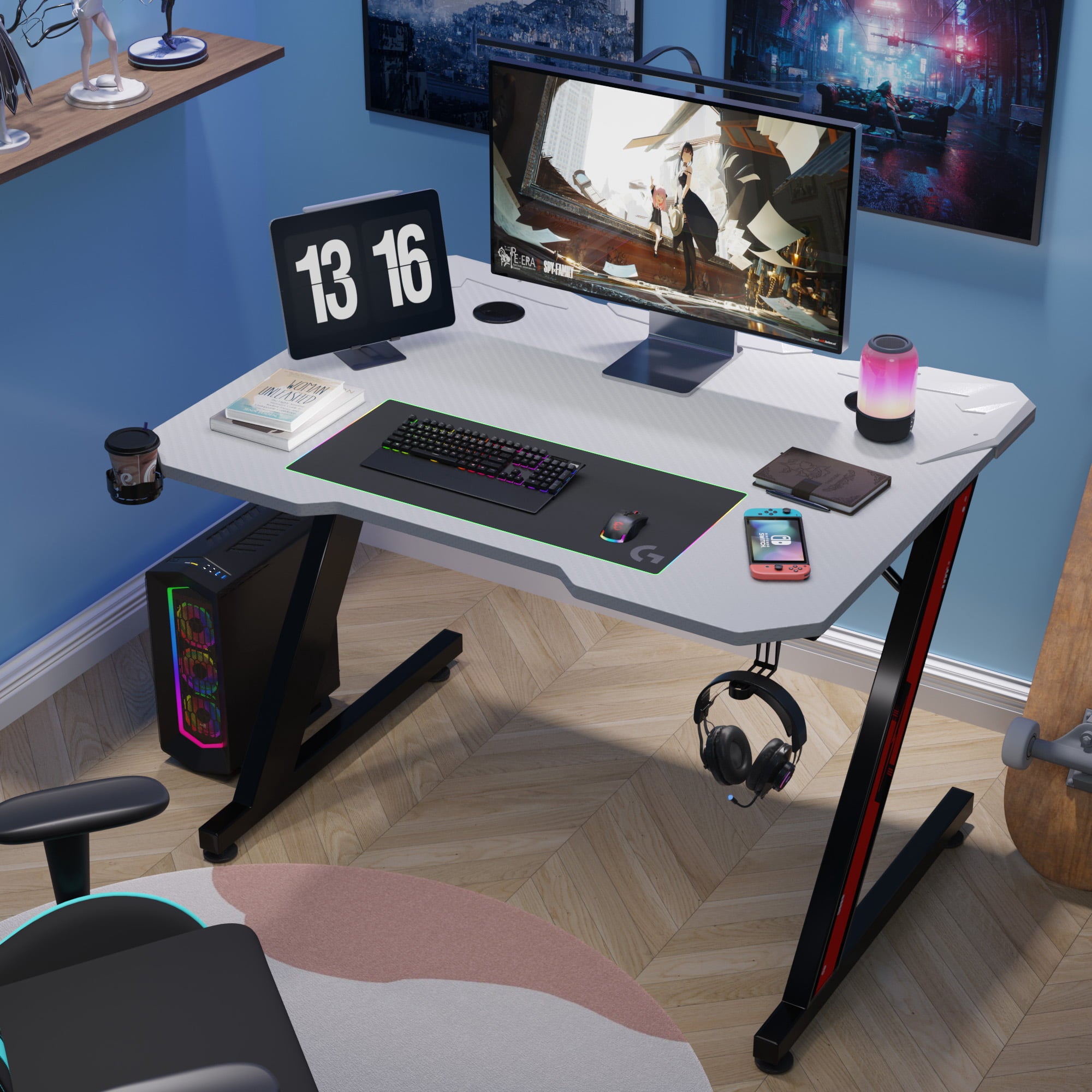 Homall Z-Shaped Gaming Desk Carbon Fiber Surface Desk with Cup Holder & Headphone Hook
