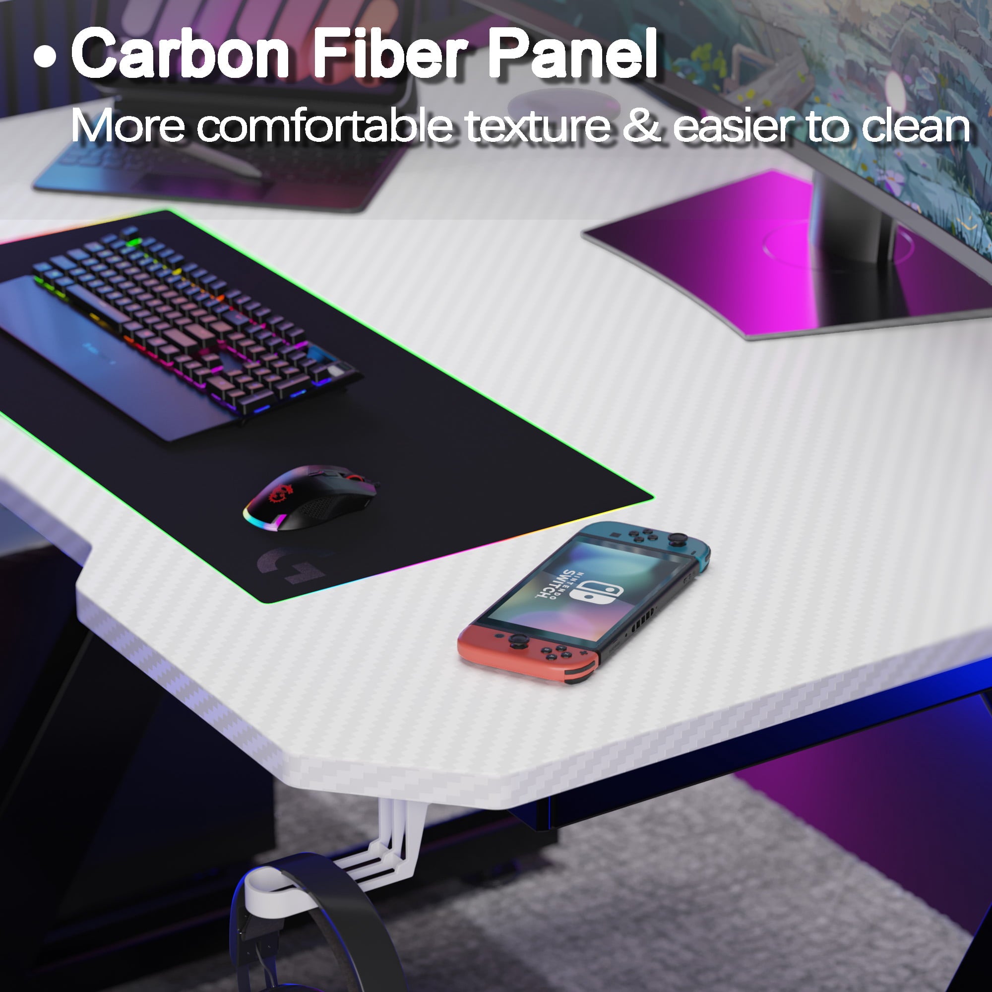 Homall Z-Shaped Gaming Desk Carbon Fiber Surface Desk with Cup Holder & Headphone Hook