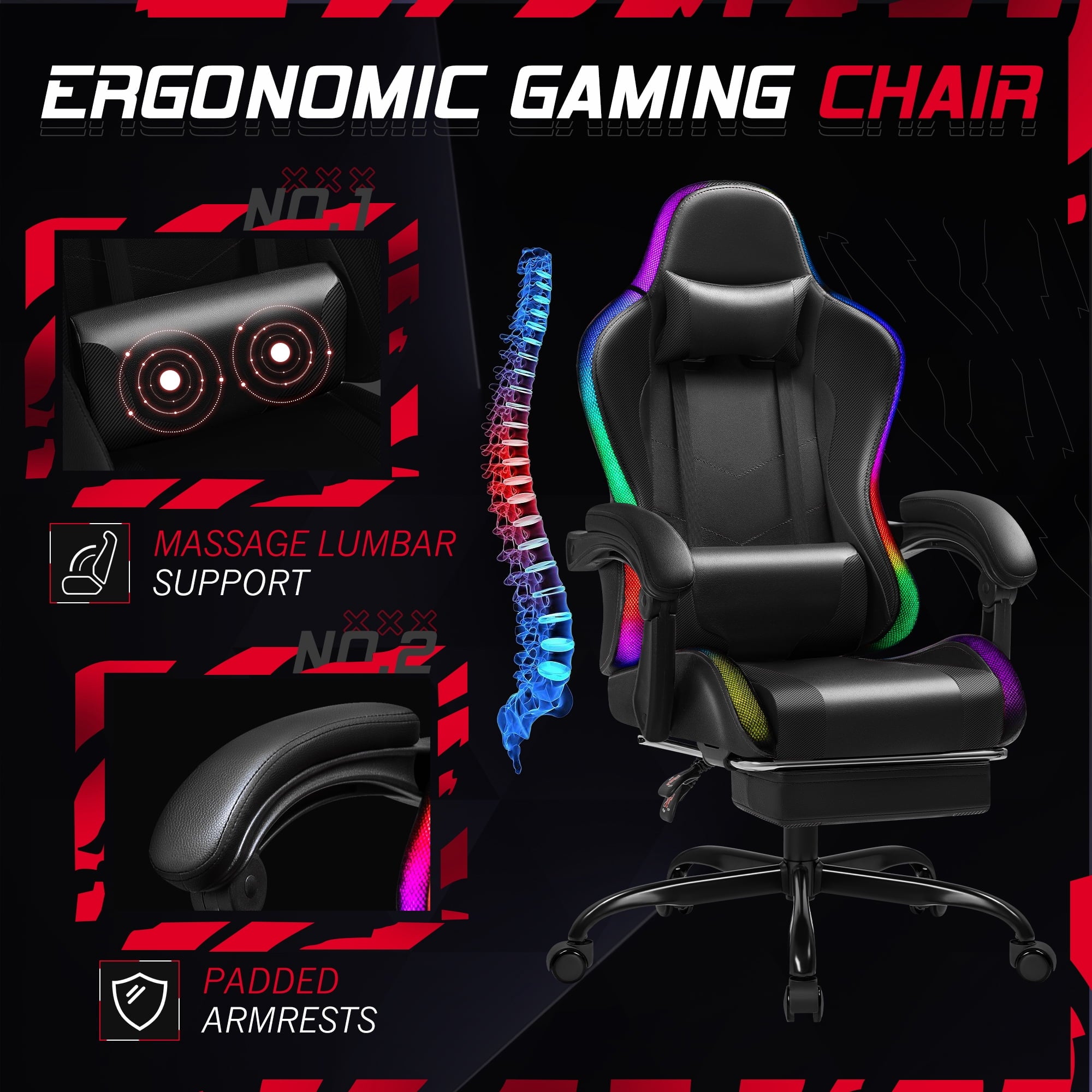 Homall RGB Gaming Chair with Massage and LED Lights Ergonomic Computer Chair with Footrest E-sports Chair with Adjustable Lumbar Support Reclining Video Game Chair