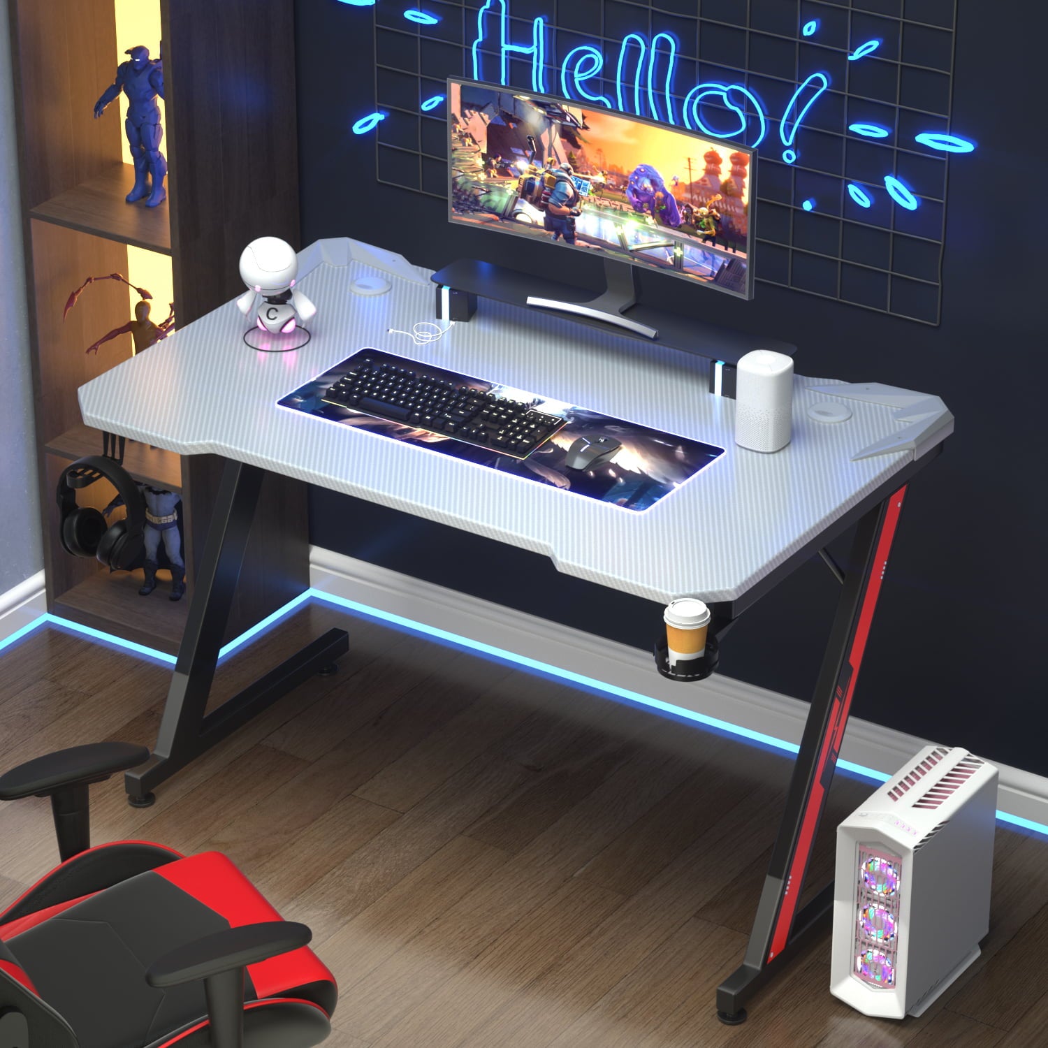 Homall Z-Shaped Gaming Desk Carbon Fiber Surface Desk with Cup Holder & Headphone Hook
