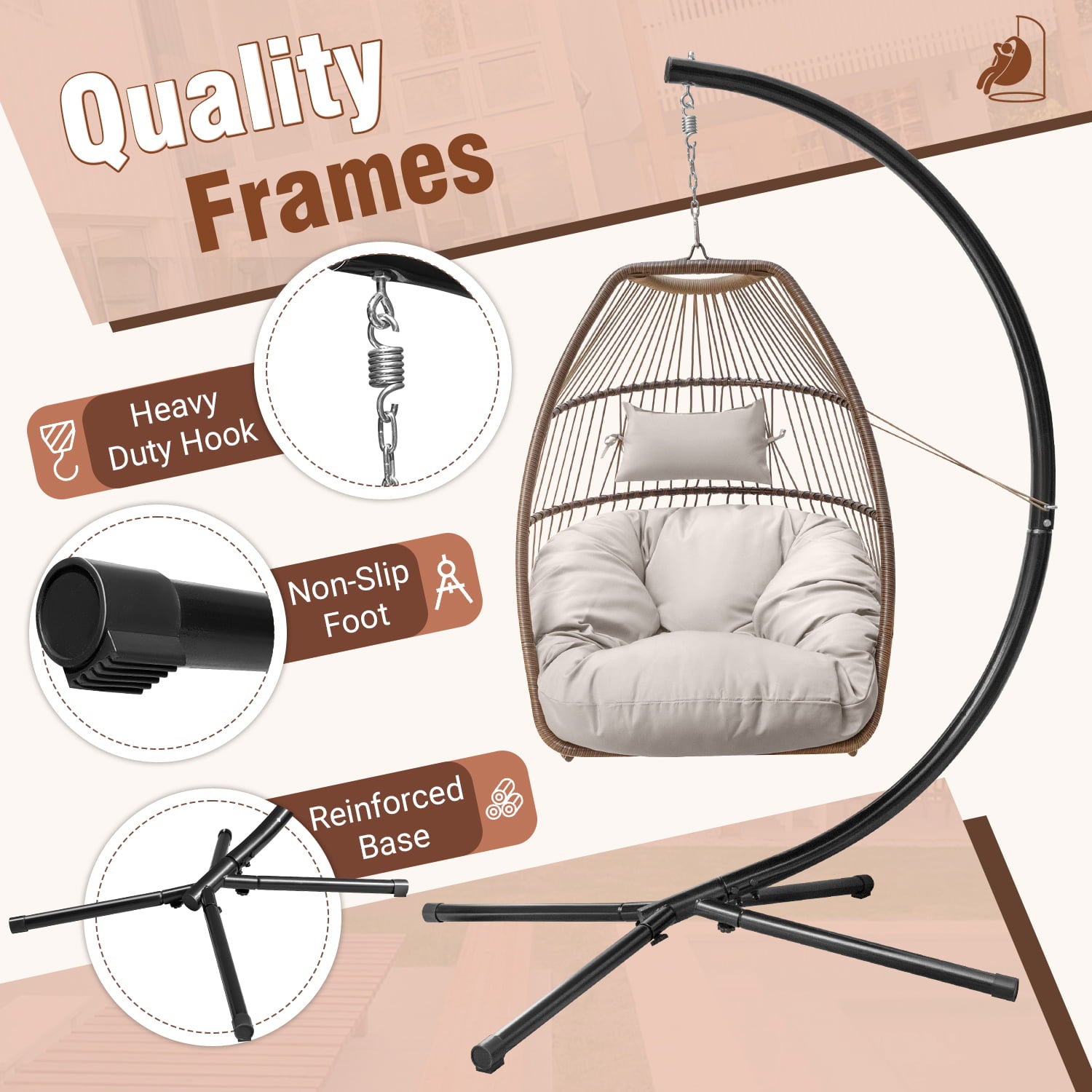 Homall Indoor Outdoor Patio Wicker Swing Egg Chair Hammock Chair Hanging Chair UV Resistant Cushions with Stand for Patio Porch Lounge Bedroom Balcony Garden Backyard