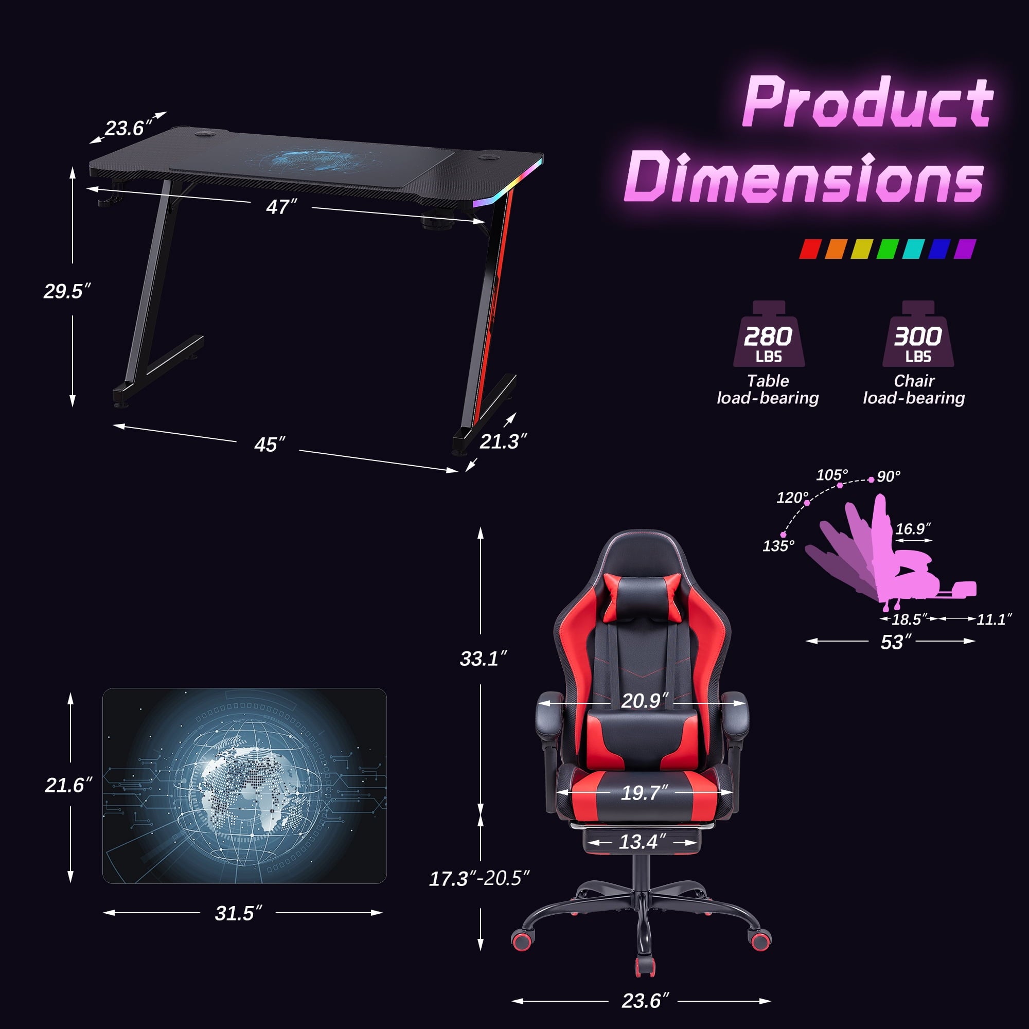 Homall RGB Gaming Desk and Chair Set, Carbon Fiber Desktop Z-Shape Table Massage Ergonomics Racing Chair E-Sports LED Lights Chair RGB Gaming Set