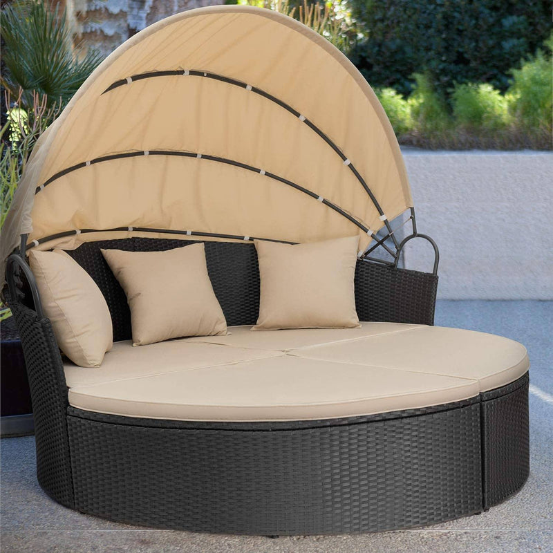 Homall Patio Furniture Outdoor Daybed with Retractable Canopy Rattan Wicker Furniture Sectional Seating with Washable Cushions for Patio Backyard Porch Pool Round Daybed Separated Seating