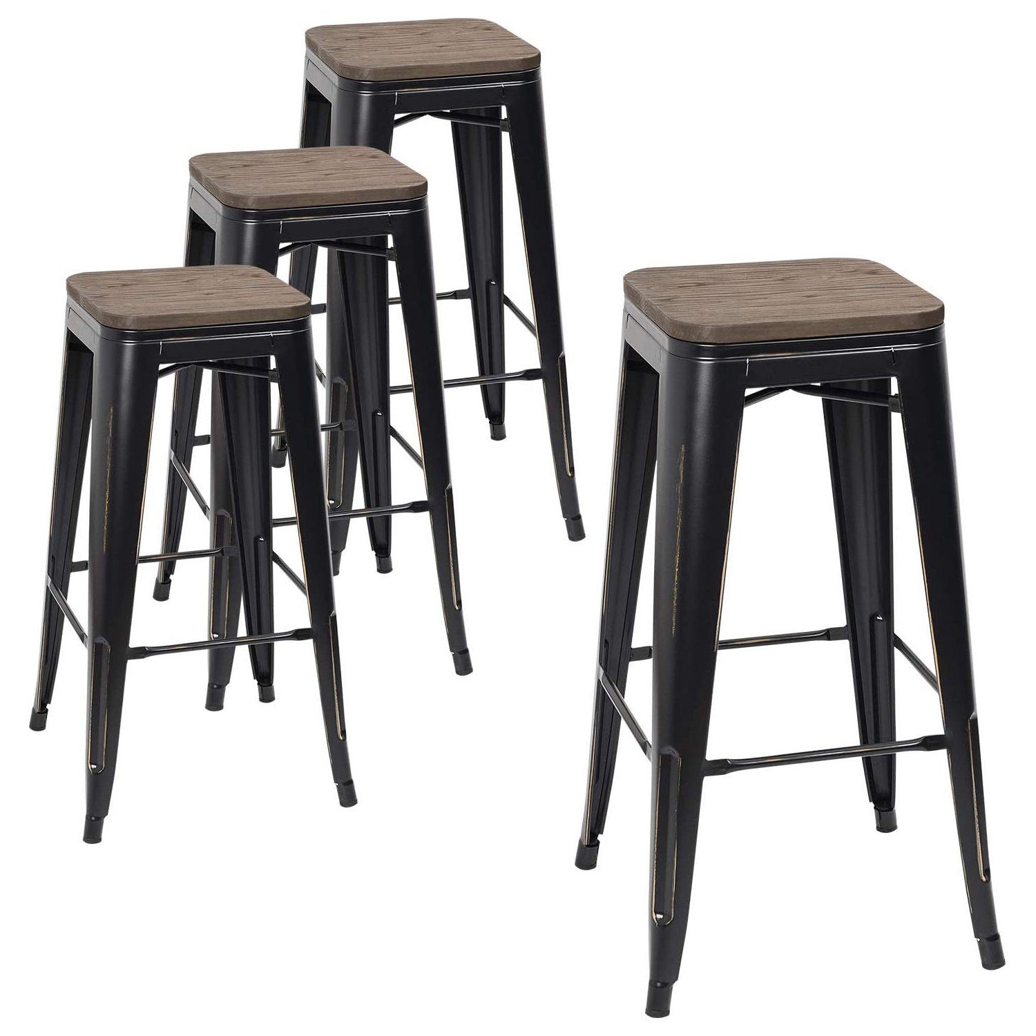 Homall Metal Bar Stool 30'' Indoor Outdoor Stackable Barstools Modern Industrial Square Wood Top Bar Stools Set of 4