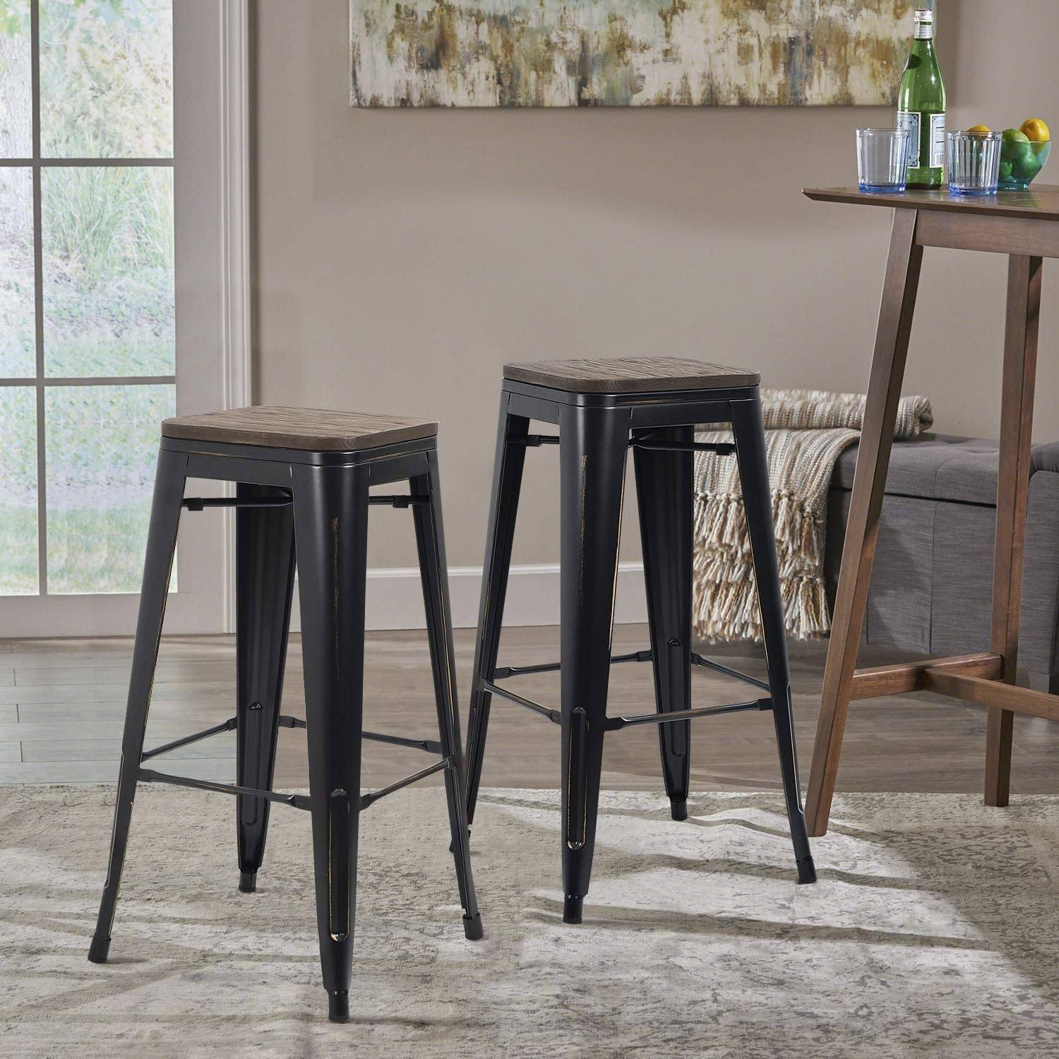 Homall Metal Bar Stool 30'' Indoor Outdoor Stackable Barstools Modern Industrial Square Wood Top Bar Stools Set of 4