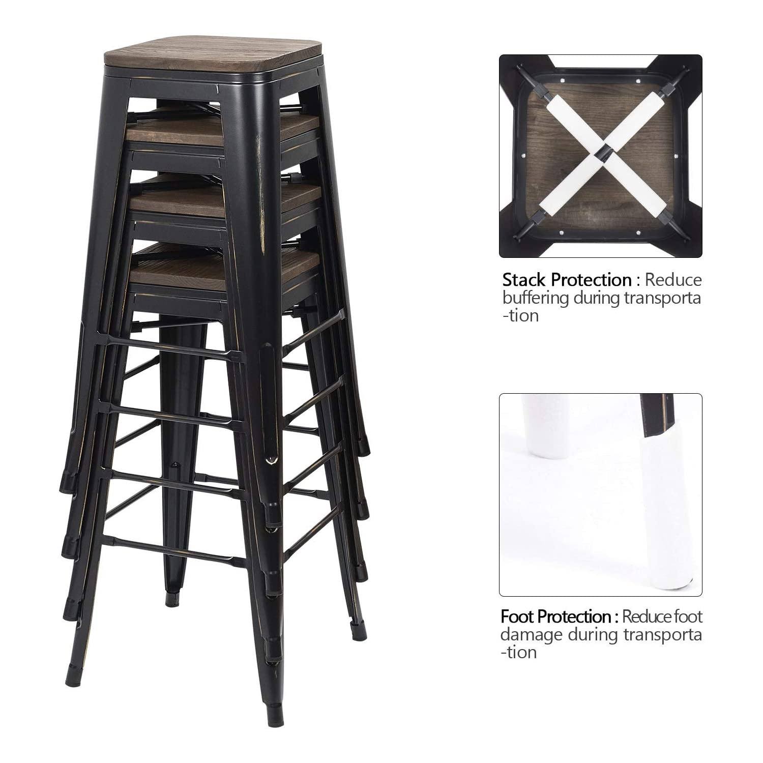 Homall Metal Bar Stool 30'' Indoor Outdoor Stackable Barstools Modern Industrial Square Wood Top Bar Stools Set of 4
