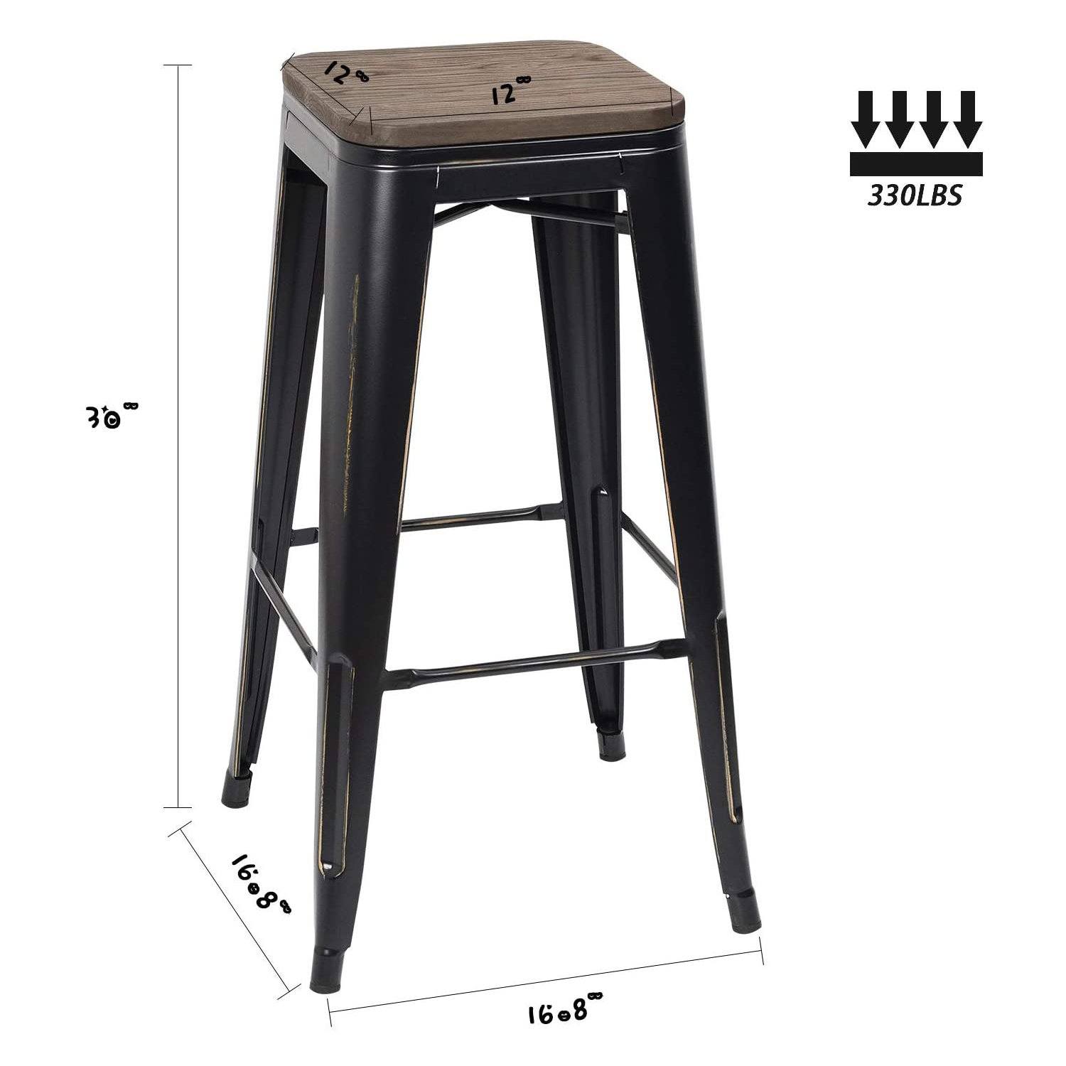 Homall Metal Bar Stool 30'' Indoor Outdoor Stackable Barstools Modern Industrial Square Wood Top Bar Stools Set of 4