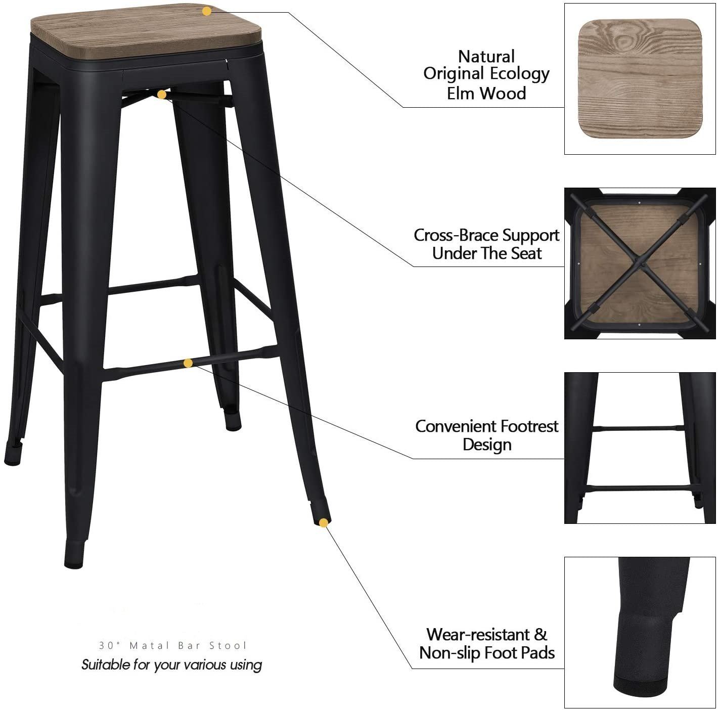 Homall Metal Bar Stool 30'' Indoor Outdoor Stackable Barstools Modern Industrial Square Wood Top Bar Stools Set of 4