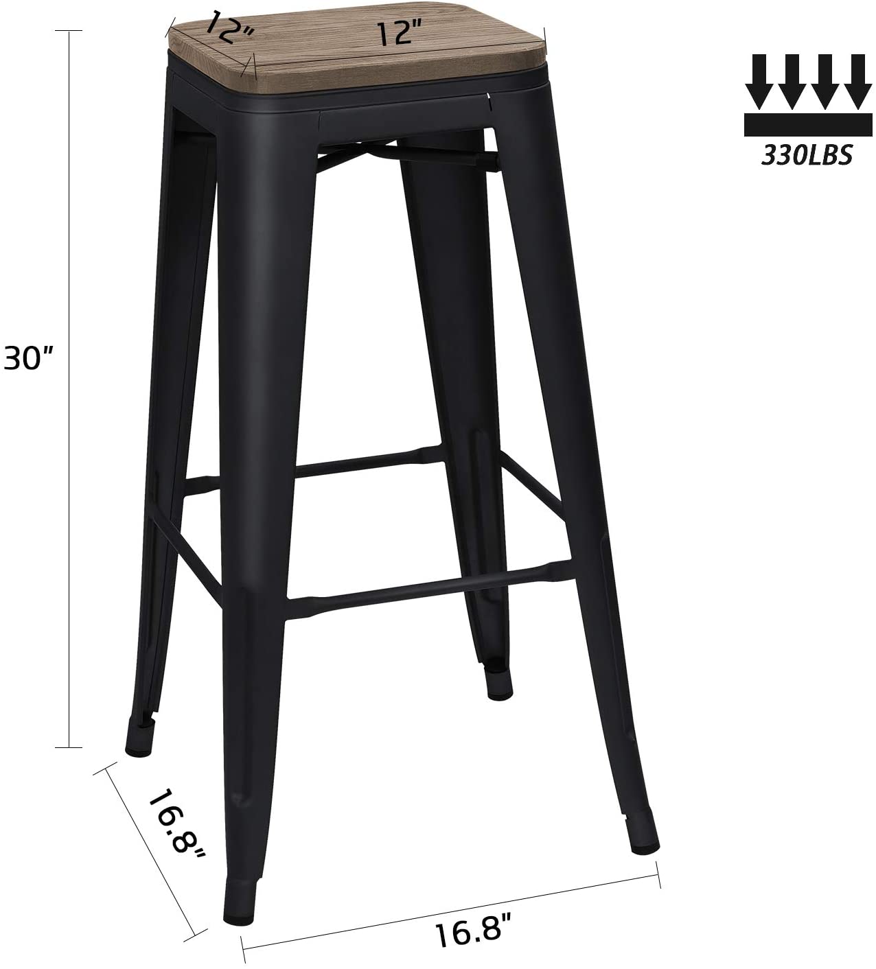 Homall Metal Bar Stool 30'' Indoor Outdoor Stackable Barstools Modern Industrial Square Wood Top Bar Stools Set of 4