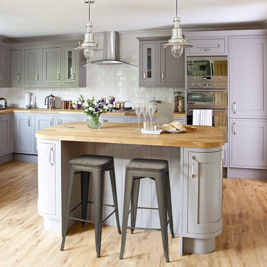 Homall Metal Bar Stool 30'' Indoor Outdoor Stackable Barstools Modern Industrial Square Wood Top Bar Stools Set of 4