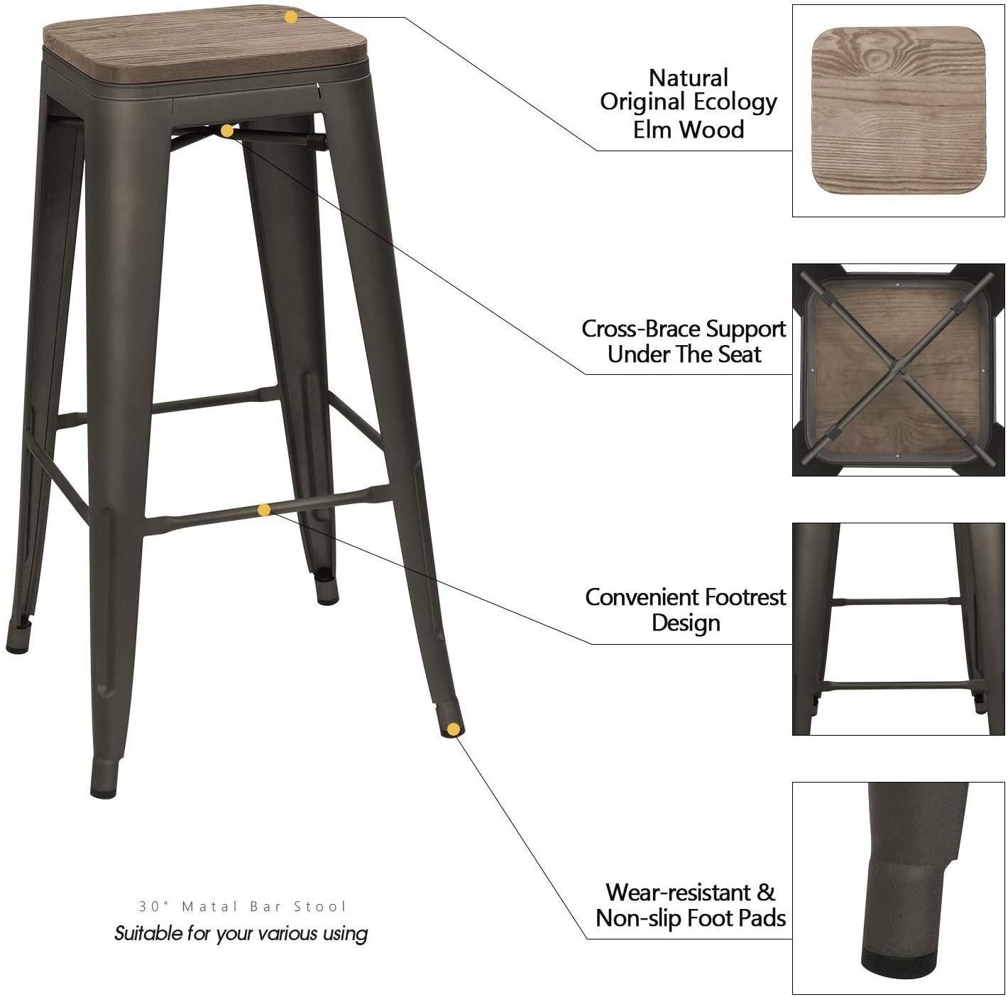 Homall Metal Bar Stool 30'' Indoor Outdoor Stackable Barstools Modern Industrial Square Wood Top Bar Stools Set of 4