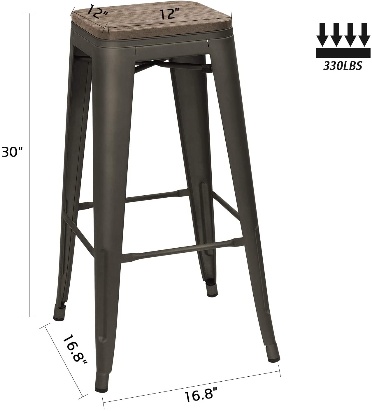 Homall Metal Bar Stool 30'' Indoor Outdoor Stackable Barstools Modern Industrial Square Wood Top Bar Stools Set of 4
