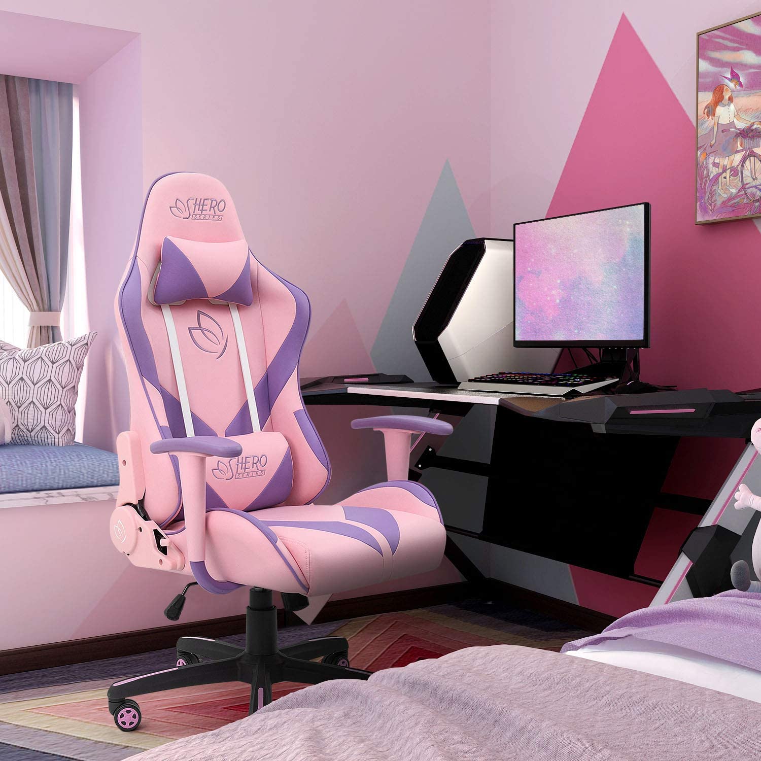 Homall Pink Gaming Chair High Back Leather Executive Adjustable Swivel Girl Gamer Chair with Headrest and Lumbar Support