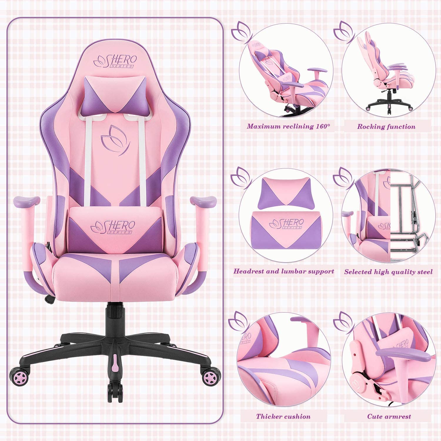 Homall Pink Gaming Chair High Back Leather Executive Adjustable Swivel Girl Gamer Chair with Headrest and Lumbar Support