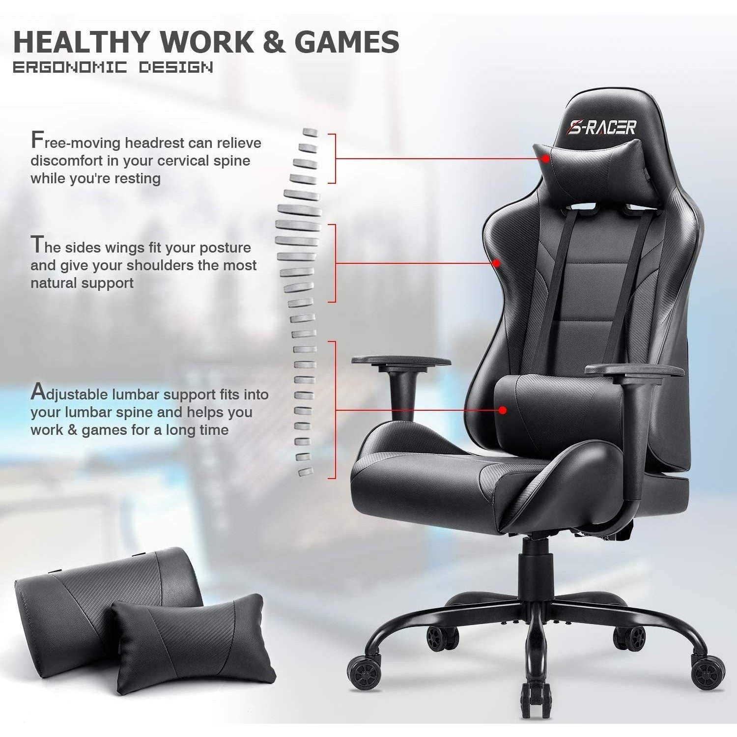 Homall Gaming Chair Office Chair High Back Racing Computer Chair PU Leather Adjustable Seat Height Swivel Chair Ergonomic Executive Chair with Headrest