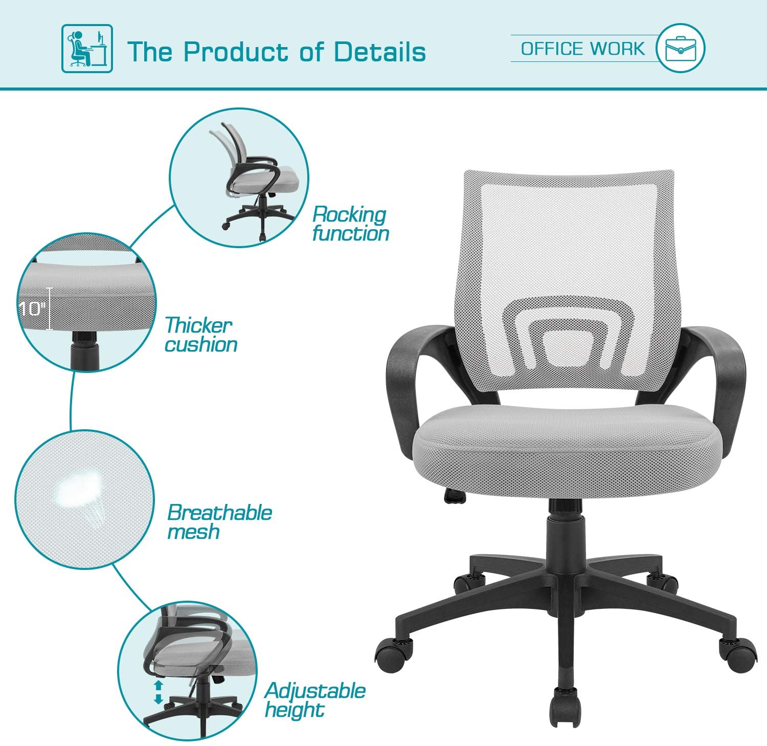 Homall Office Chair Ergonomic Mid Back Swivel Mesh Chair Height Adjustable Lumbar Support Computer Desk Chair with Armrest