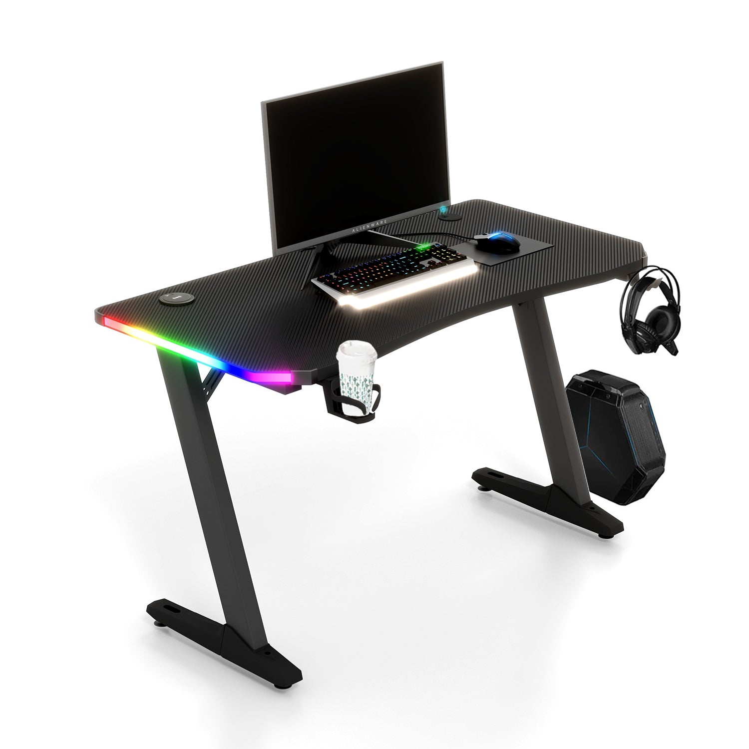Homall RGB LED Lights Gaming Desk, With Light Remote Control and Cup Holder, Headphone Hook