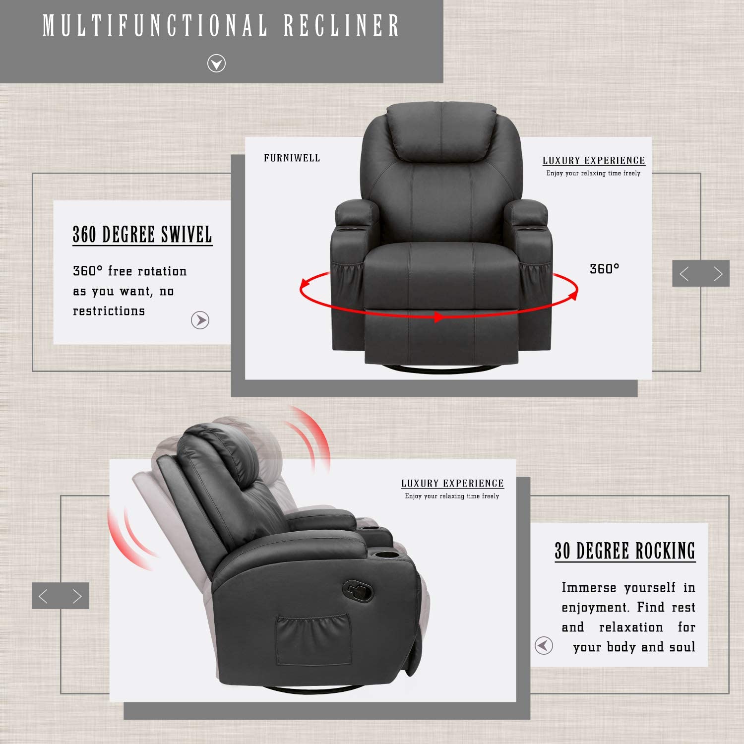 Homall PU Leather Swivel rocker Recliner Chair Electric Massage Recliner