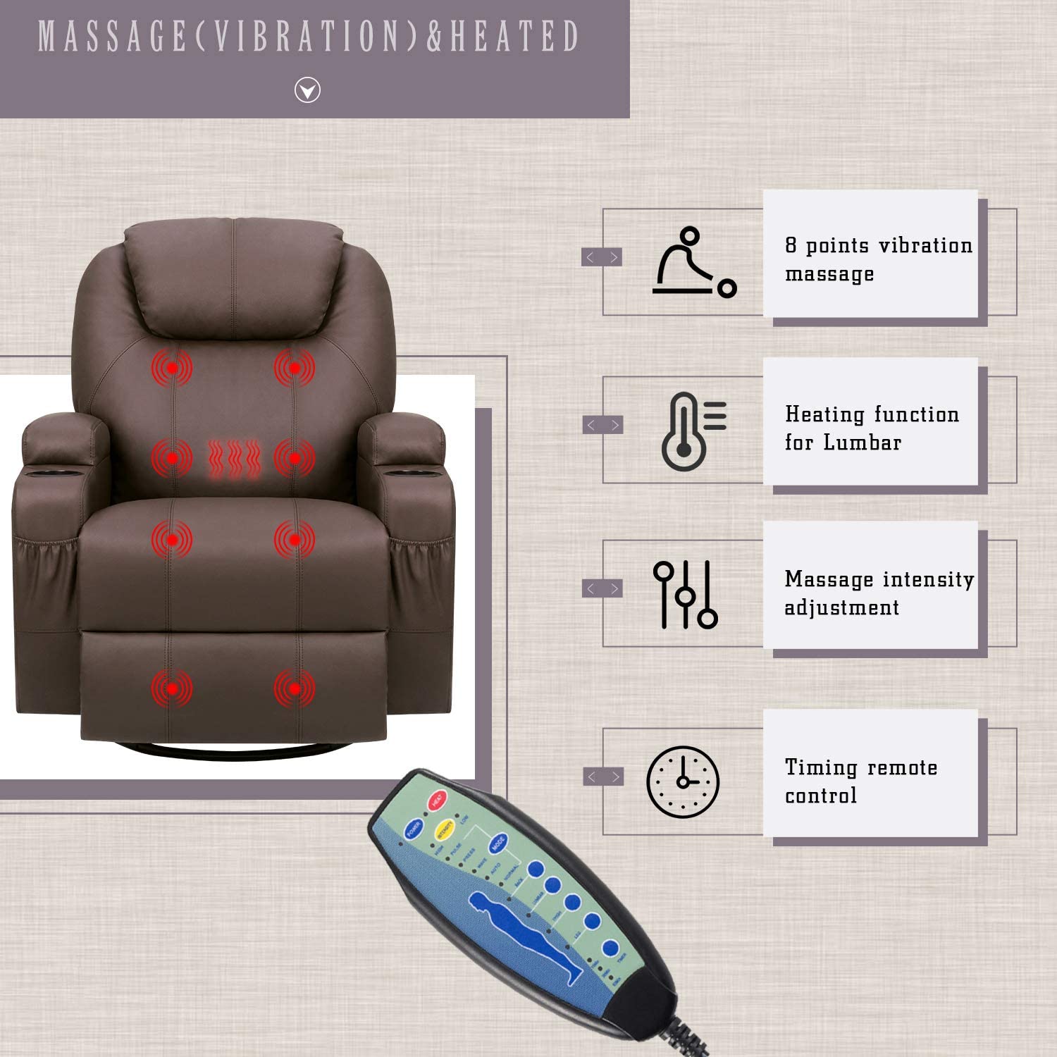 Homall PU Leather Swivel rocker Recliner Chair Electric Massage Recliner