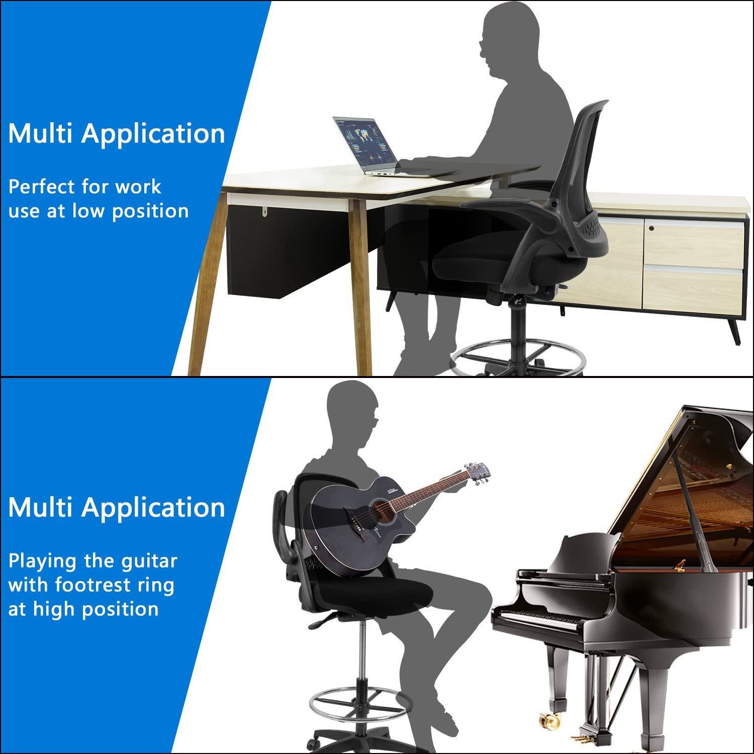 Homall Drafting Chair Office Chair Executive Computer Standing Desk Chair with Flip-up Armrests, Lockable Wheels and Adjustable Footrest Ring