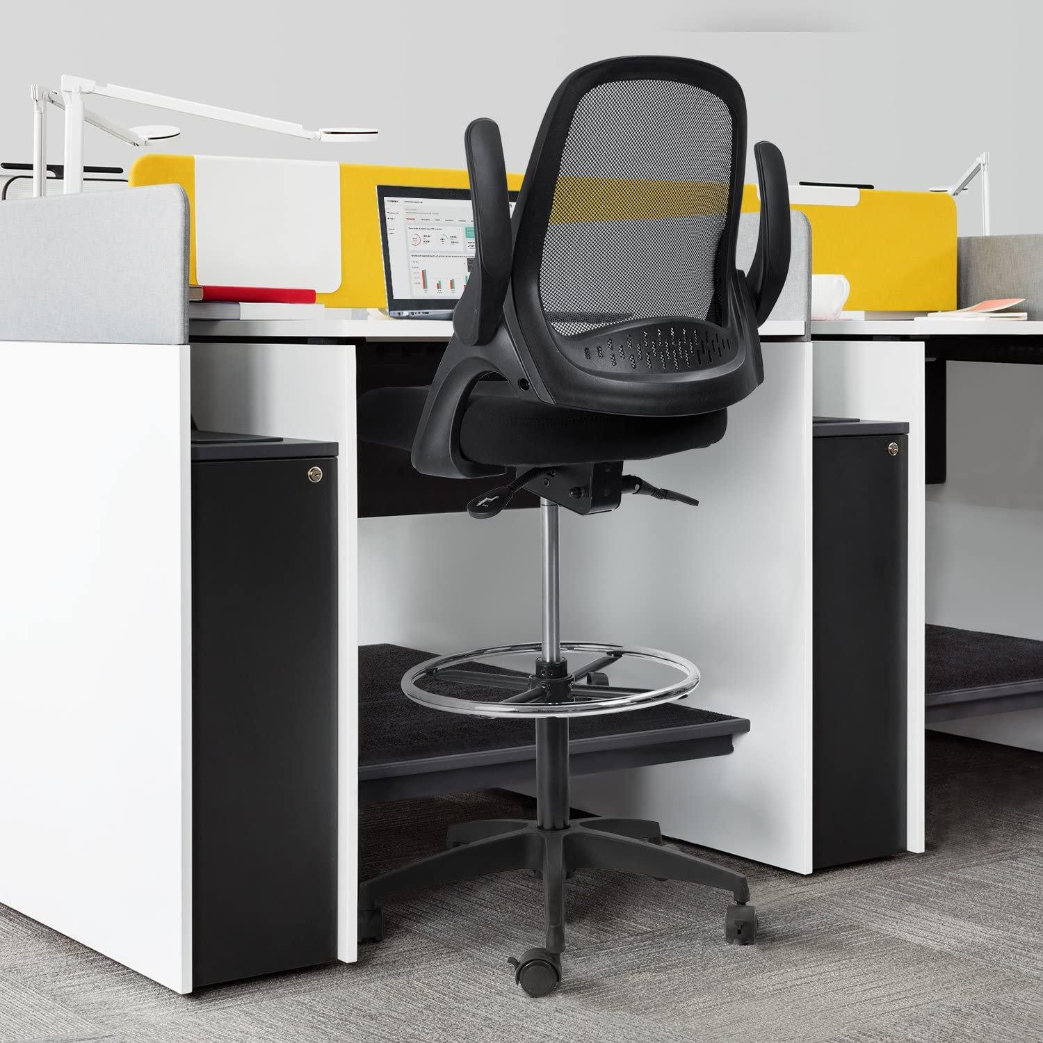 Homall Drafting Chair Office Chair Executive Computer Standing Desk Chair with Flip-up Armrests, Lockable Wheels and Adjustable Footrest Ring