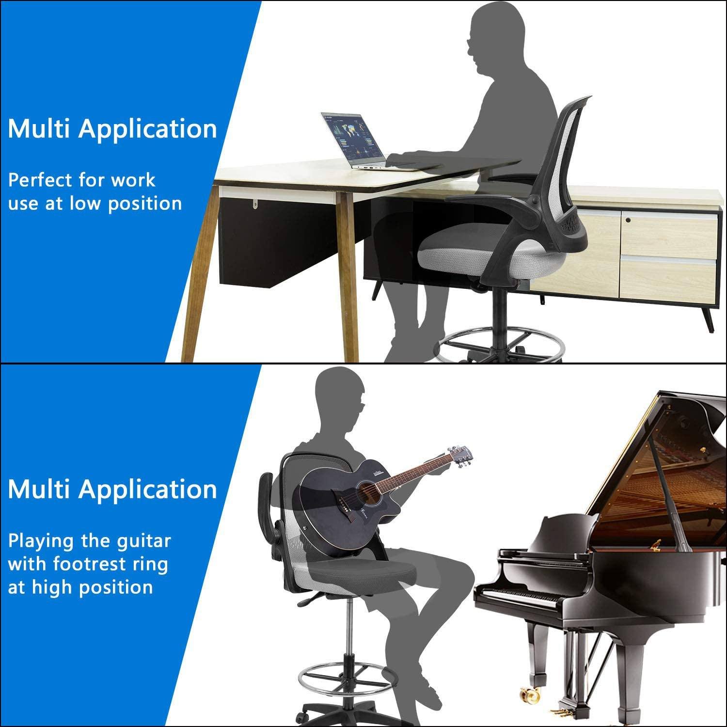 Homall Drafting Chair Office Chair Executive Computer Standing Desk Chair with Flip-up Armrests, Lockable Wheels and Adjustable Footrest Ring