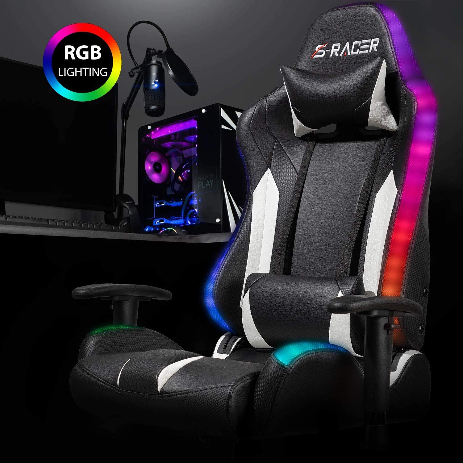 Homall Gaming Chair RGB Lighting High Back Computer Chair PU Leather Desk Chair PC Racing LED Ergonomic Adjustable Swivel Task Chair