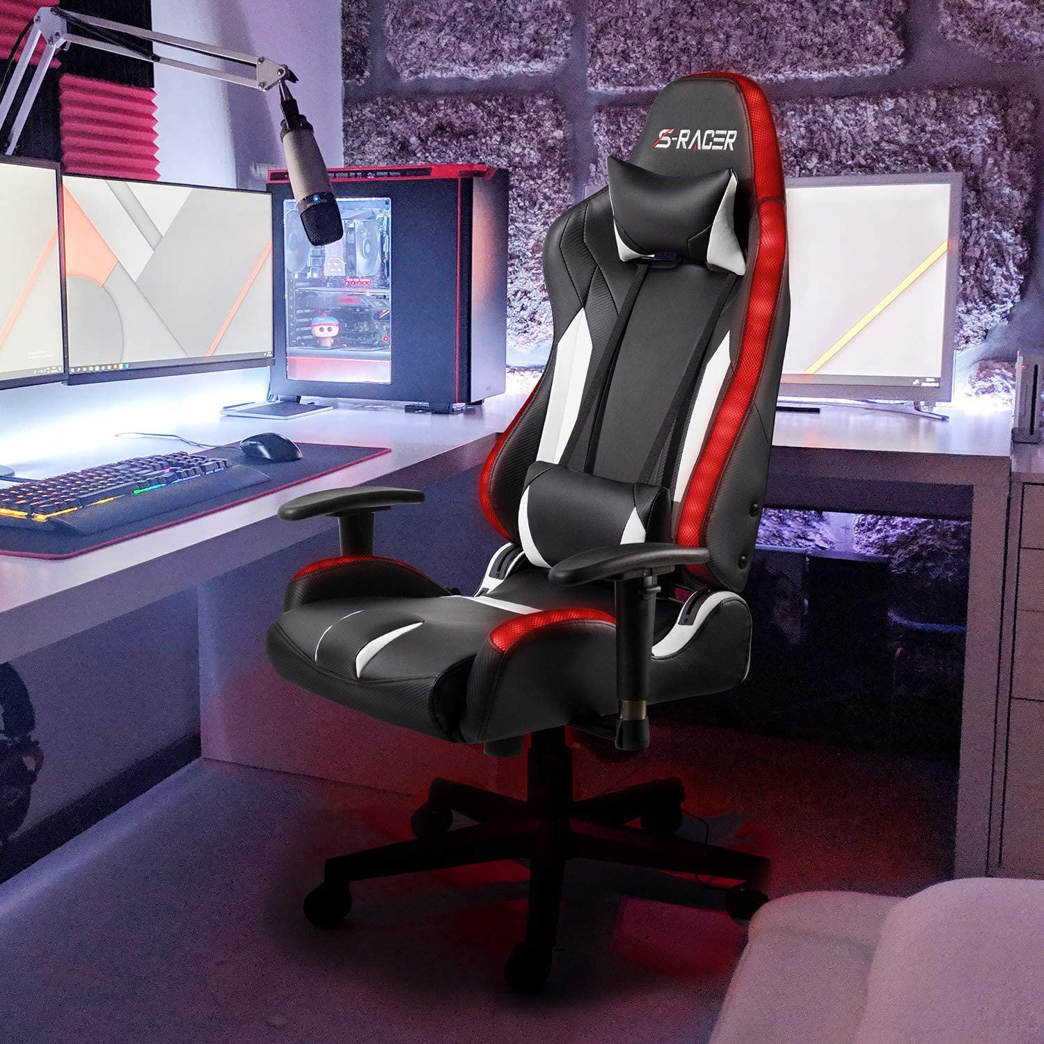Homall Gaming Chair RGB Lighting High Back Computer Chair PU Leather Desk Chair PC Racing LED Ergonomic Adjustable Swivel Task Chair