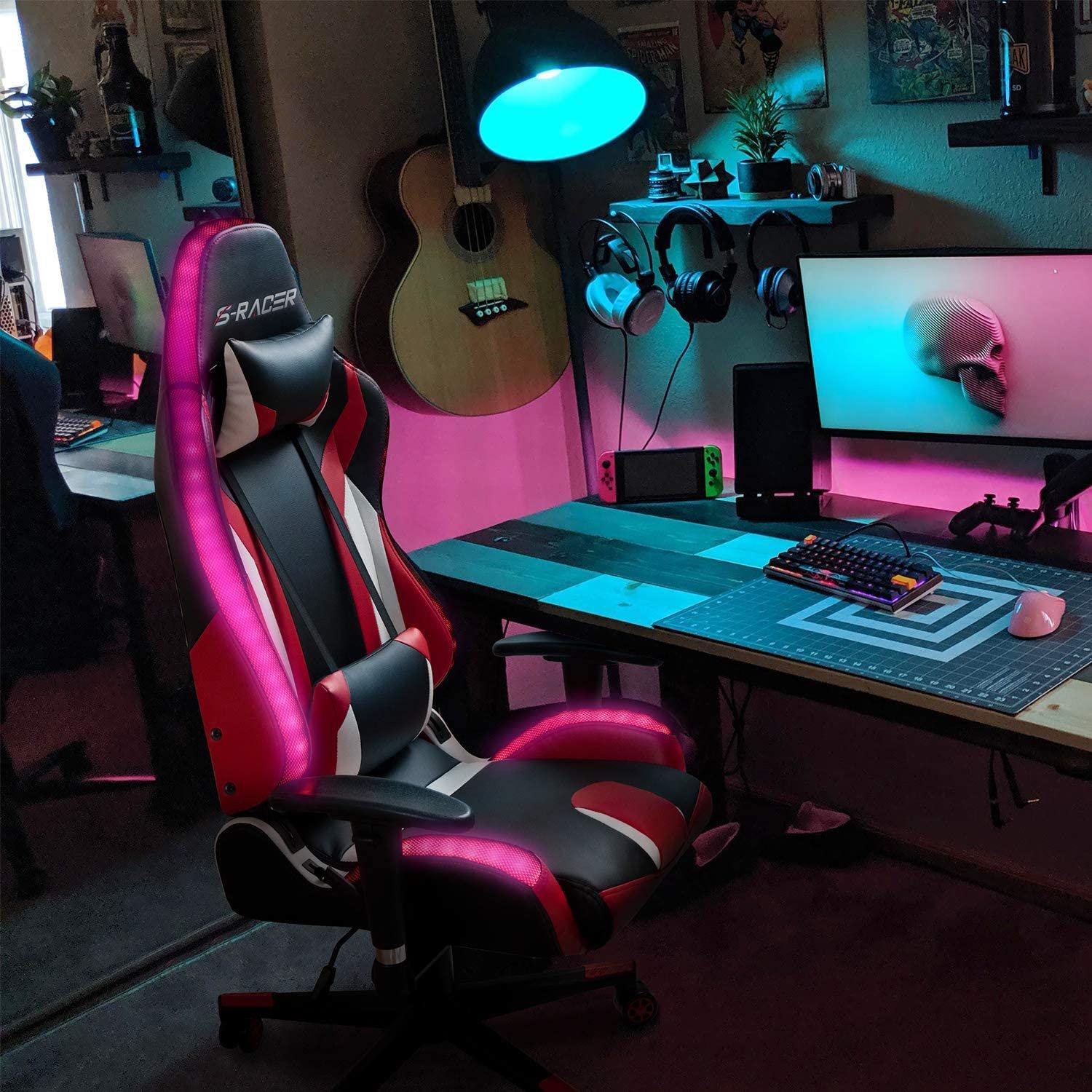 Homall Gaming Chair RGB Lighting High Back Computer Chair PU Leather Desk Chair PC Racing LED Ergonomic Adjustable Swivel Task Chair