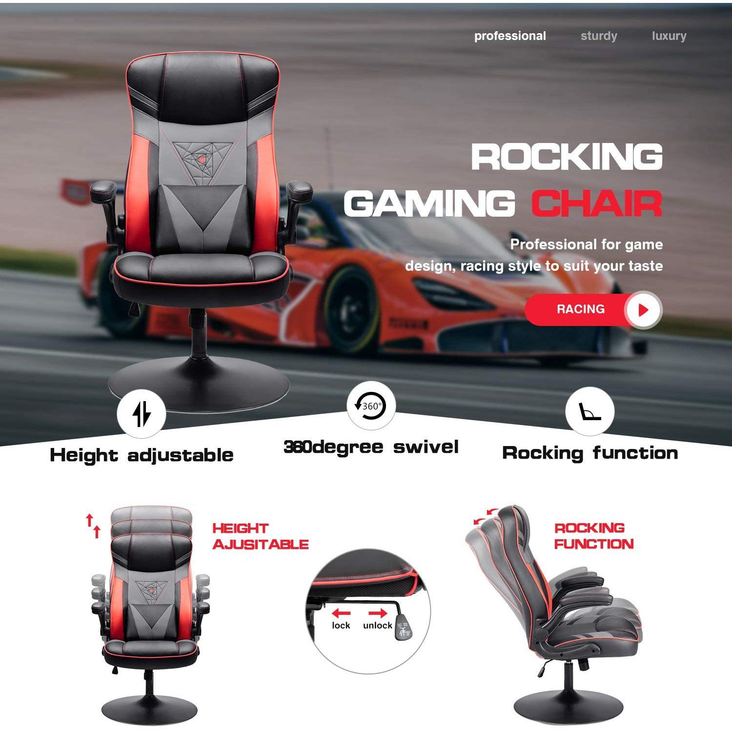 Homall Rocking Gaming Chair Racing Computer Game Chairs Office Adjustable Swivel High Back PC Gamer Chair Armrest Support for Adult