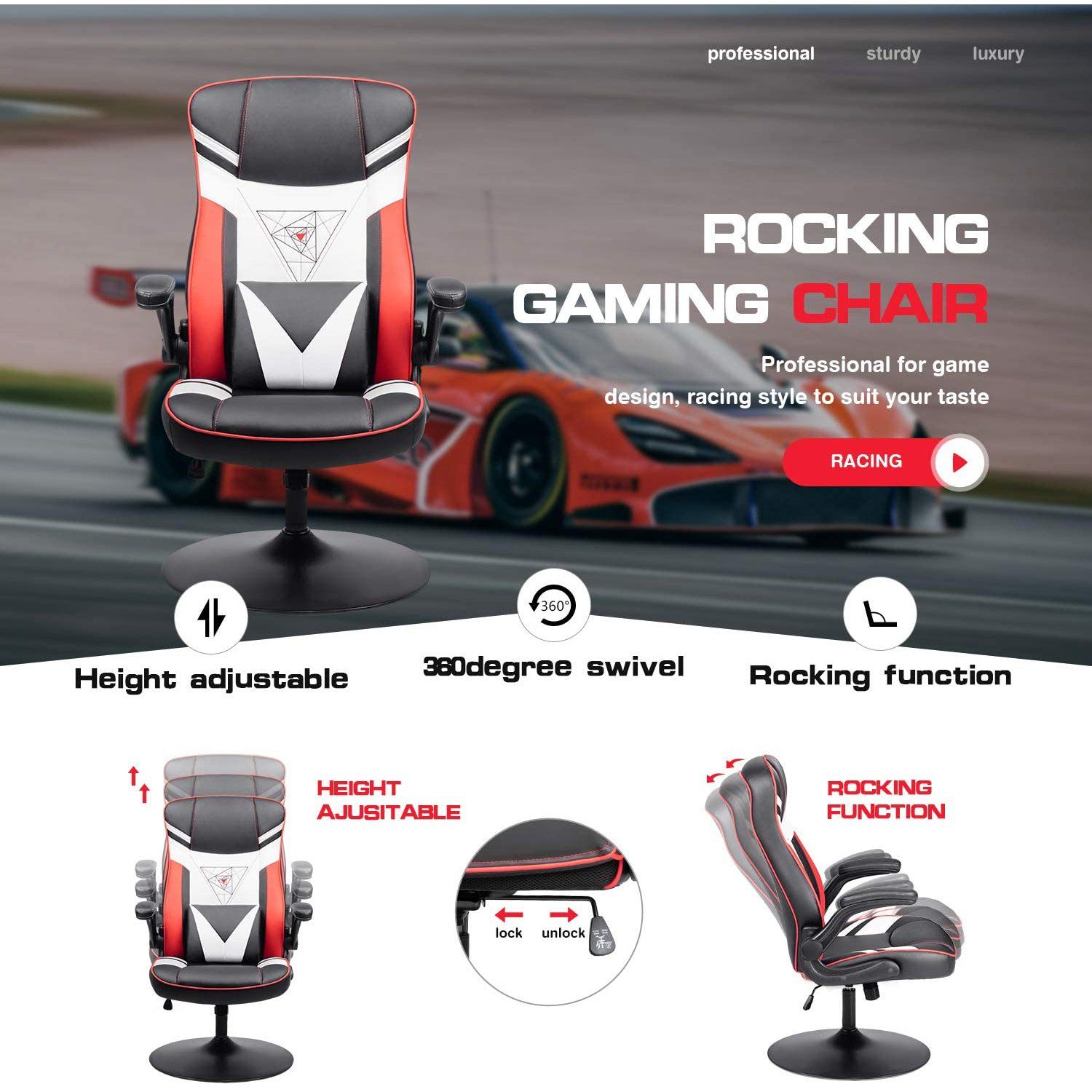 Homall Rocking Gaming Chair Racing Computer Game Chairs Office Adjustable Swivel High Back PC Gamer Chair Armrest Support for Adult