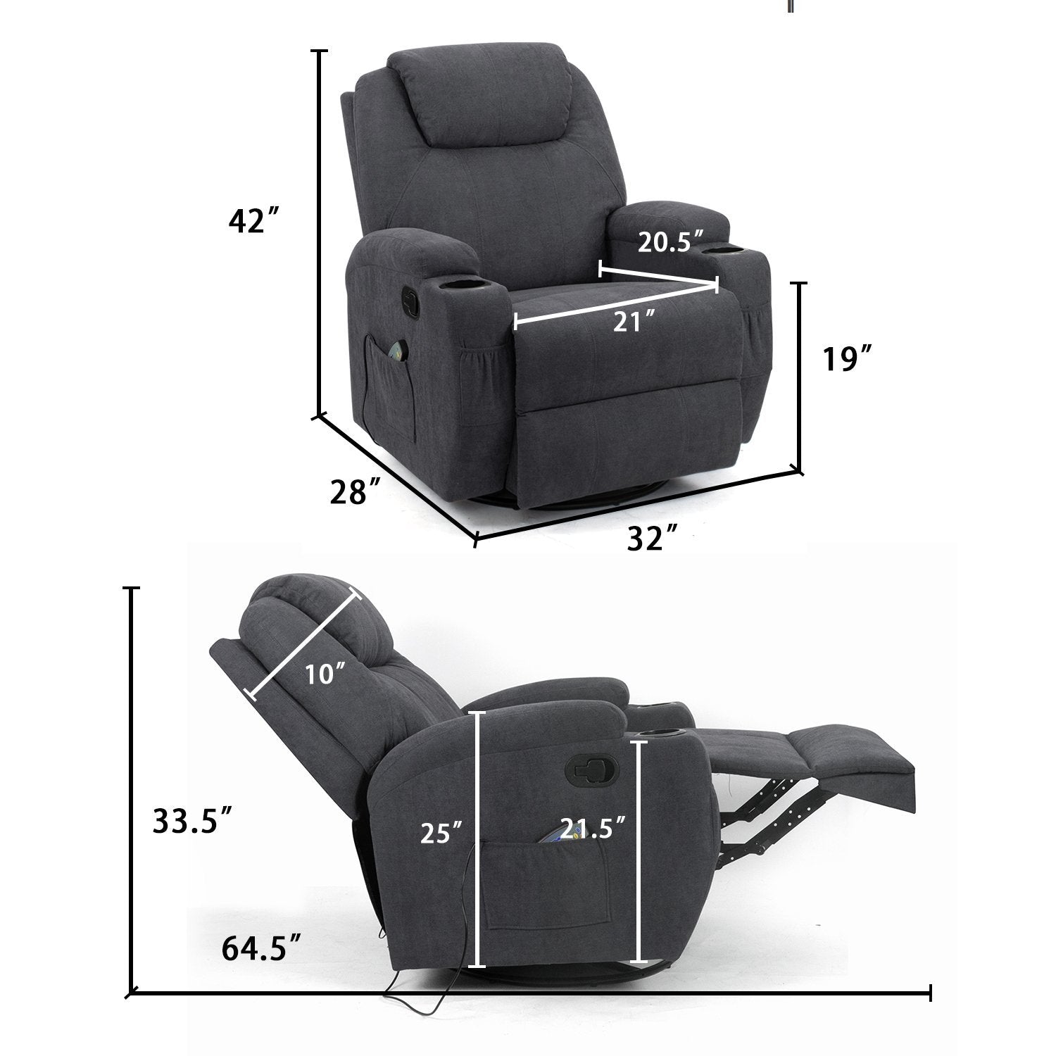 Homall 360° Fabric Swivel Rocker Recliner, Electric Massage Recliner Chair