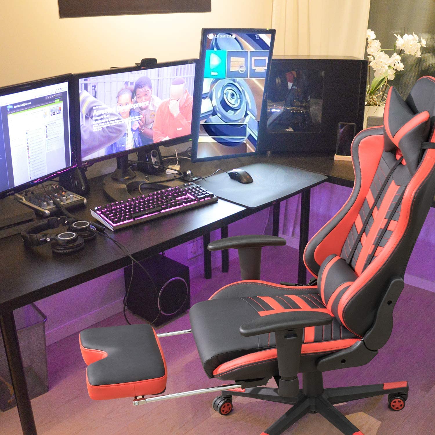 Homall Gaming Chair With Footrest, Ergonomic High-Back Leather Racing Computer Chair