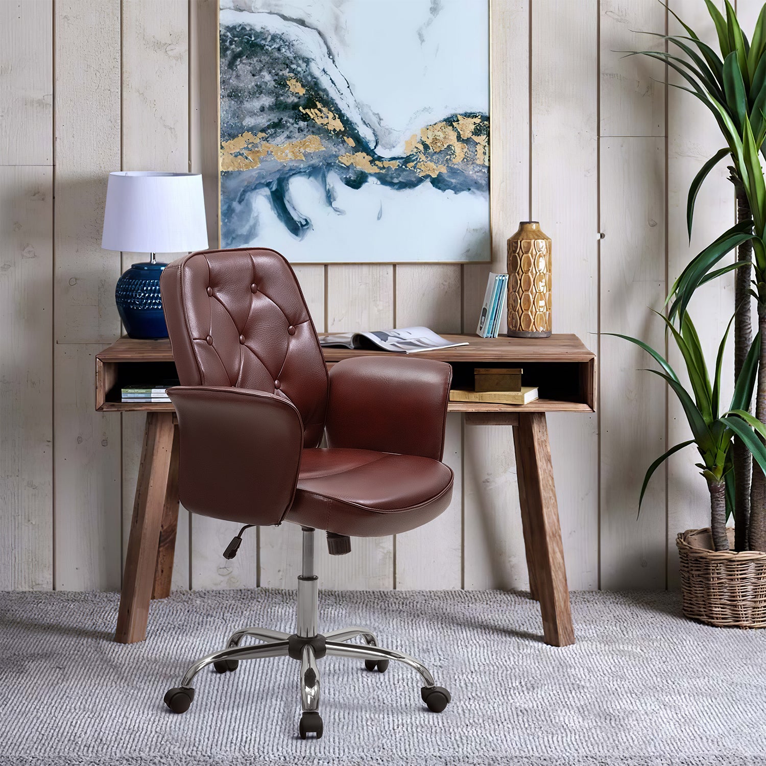 Homall Home Office Chair PU Leather Retro Accent Desk Chair, Brown