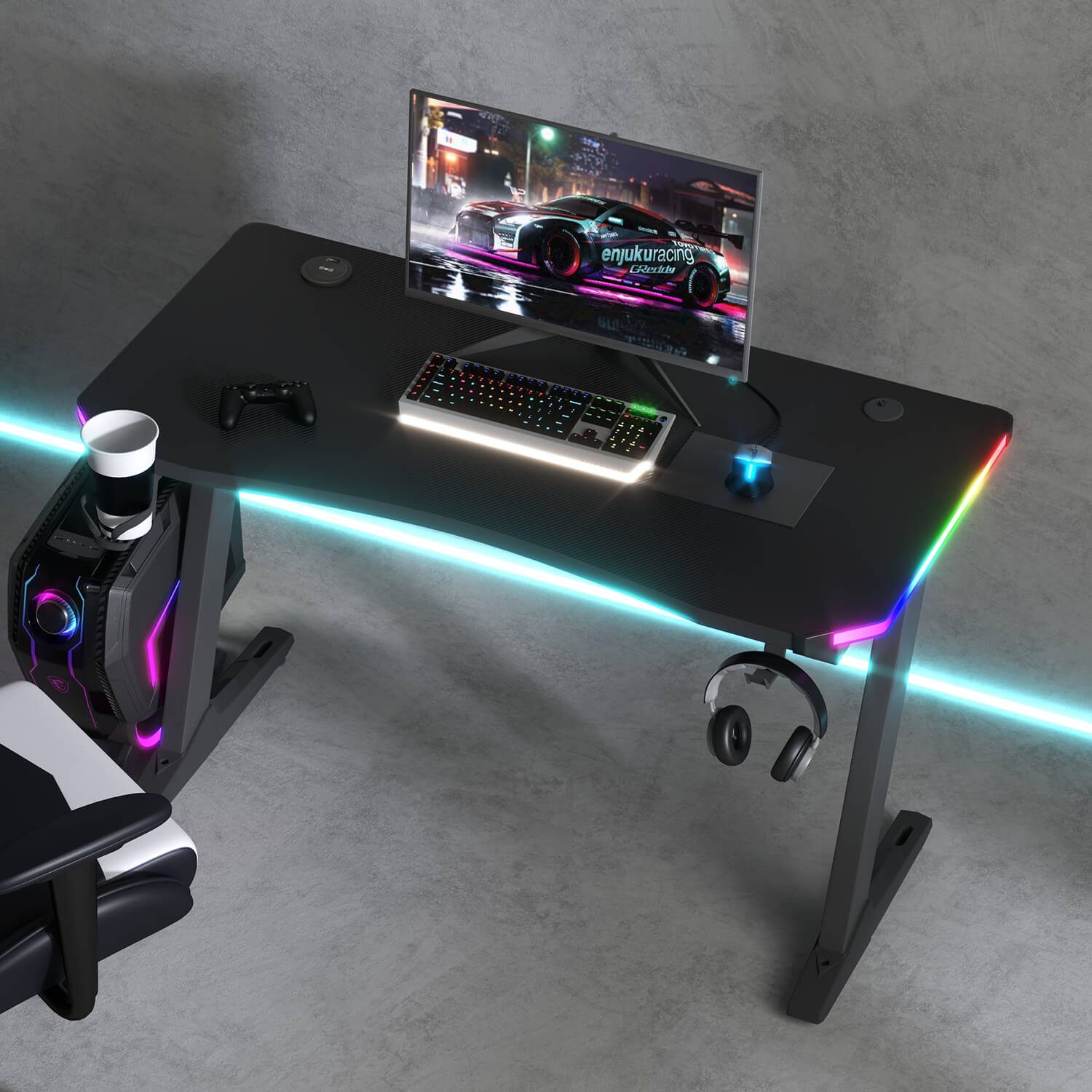 Homall RGB LED Lights Gaming Desk, With Light Remote Control and Cup Holder, Headphone Hook