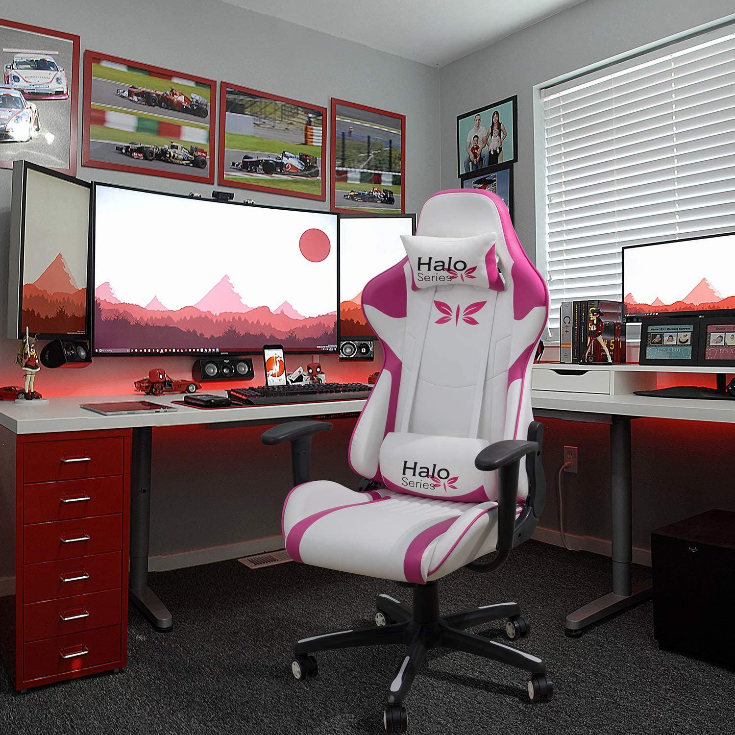 Homall White/Pink Girl Gaming Chair Adjustable Racing Chair